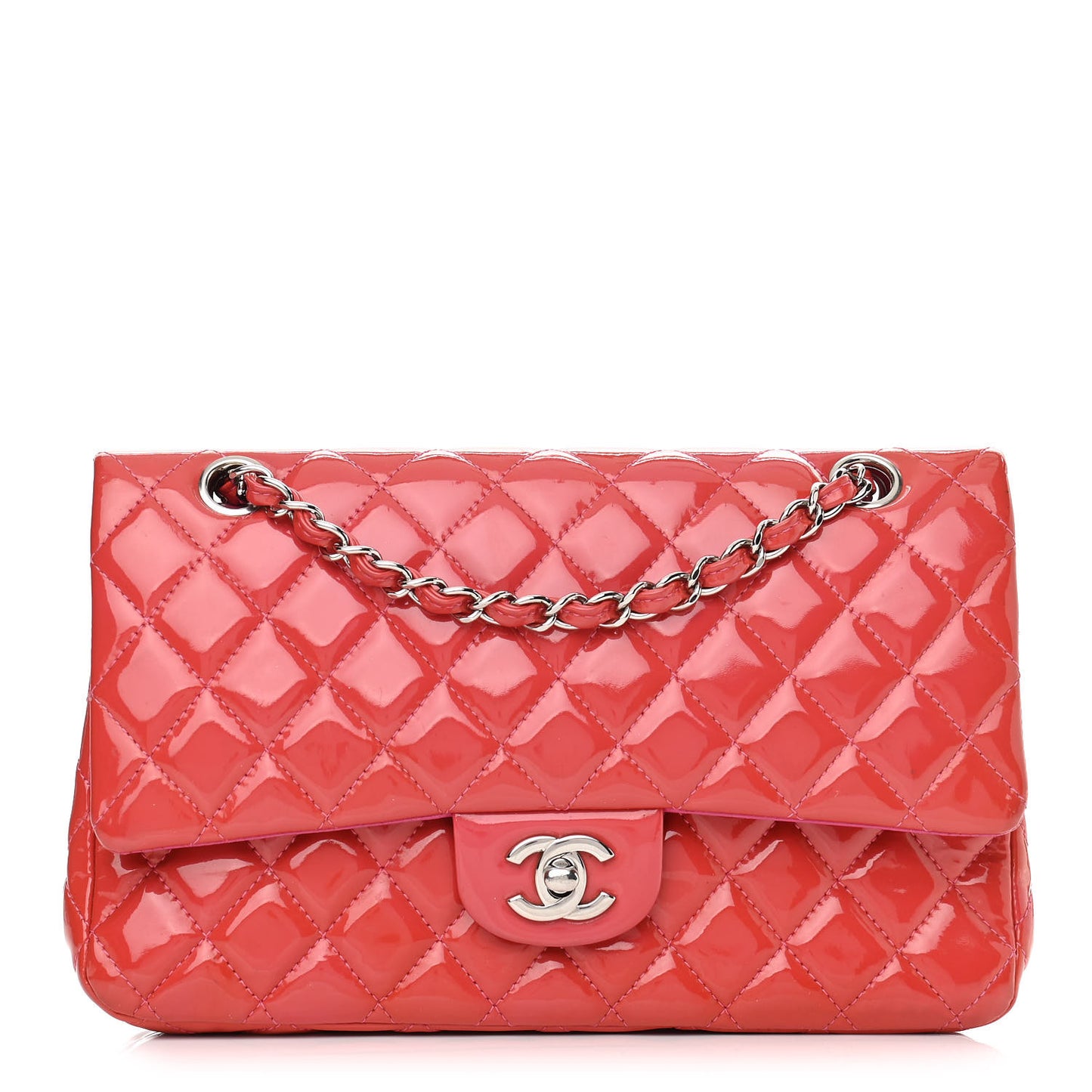 Patent Quilted Medium Double Flap Fuchsia