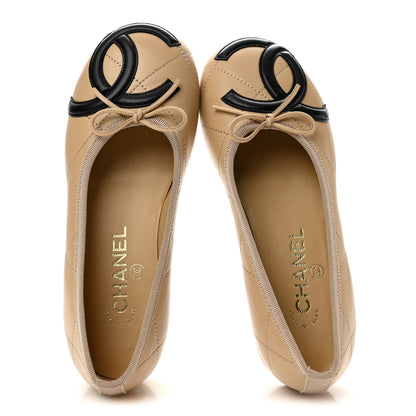Chanel Lambskin Quilted CC Cambon Ballet Flats 36 Beige Black 2 of 9