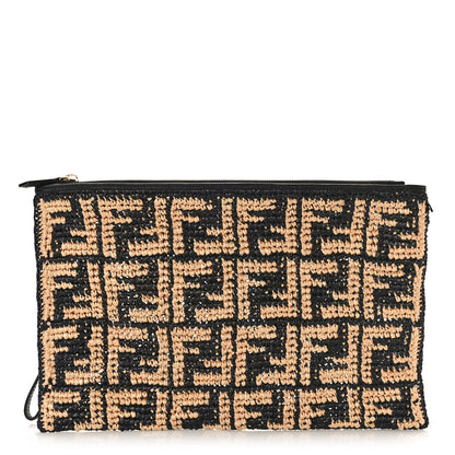 Fendi Raffia FF 1974 Large Flat Pouch Black Natural 1 of 8