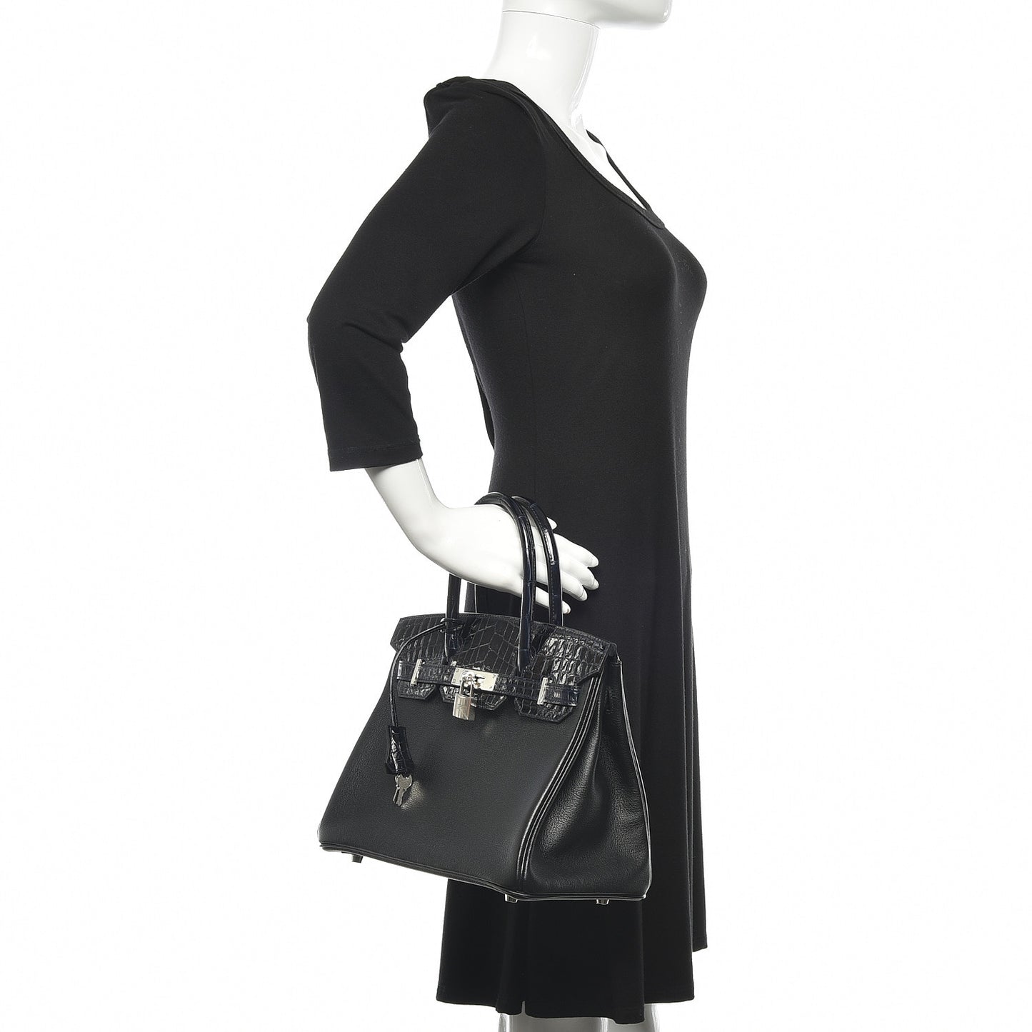 Clemence Novillo Shiny Niloticus Crocodile Birkin Touch 30 Black Bleu Marine