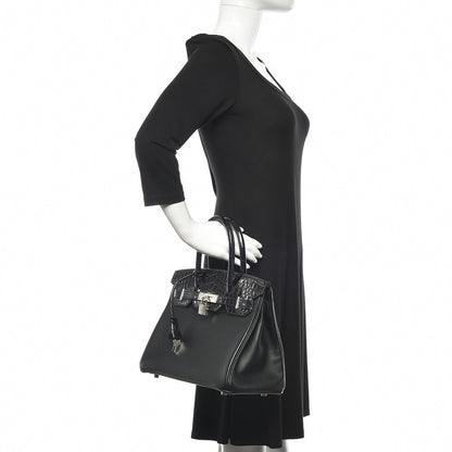 Hermes Clemence Novillo Shiny Niloticus Crocodile Birkin Touch 30 Black Bleu Marine 2 of 32