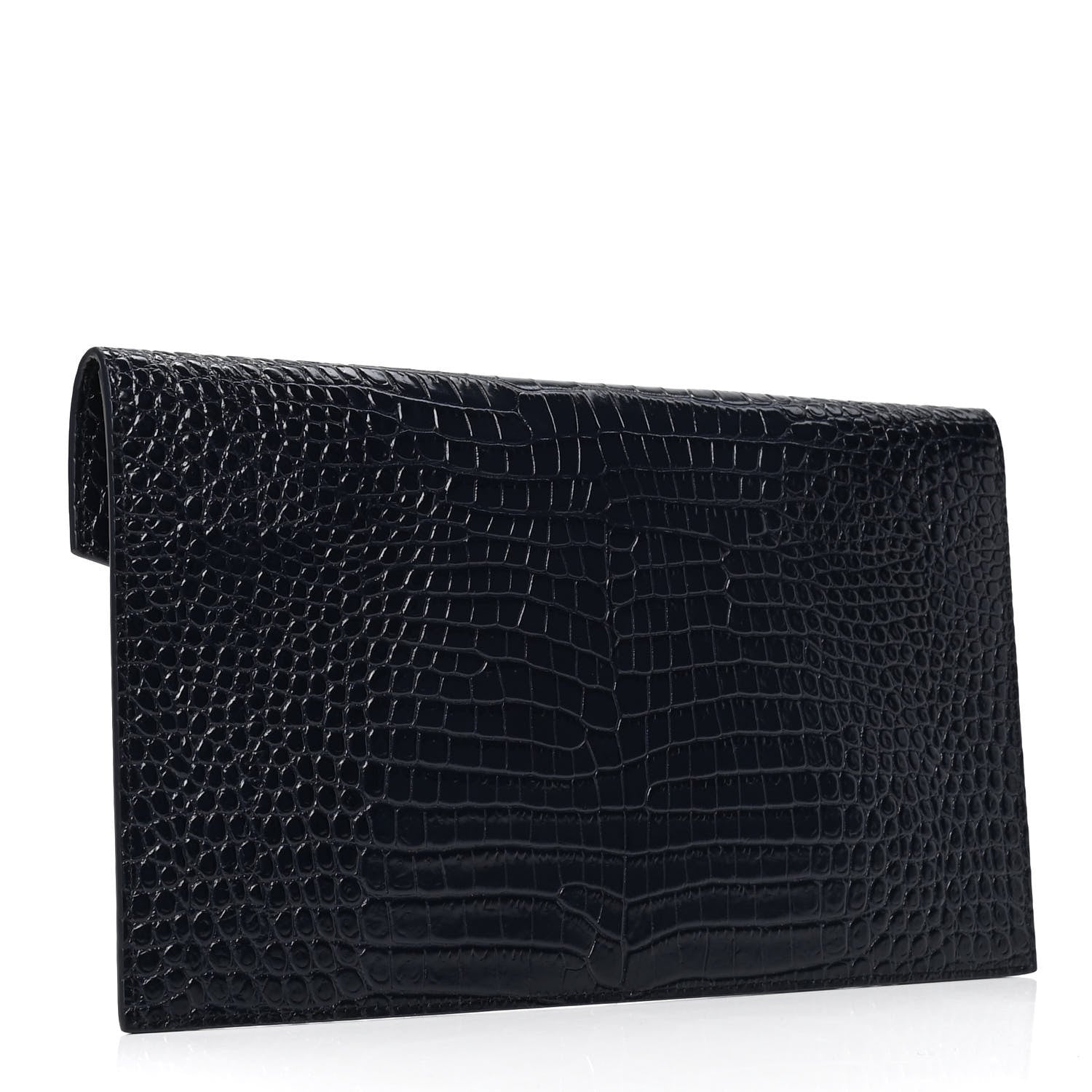 Saint Laurent Calfskin Crocodile Embossed Uptown Monogram Clutch Deep Marine 2 of 4