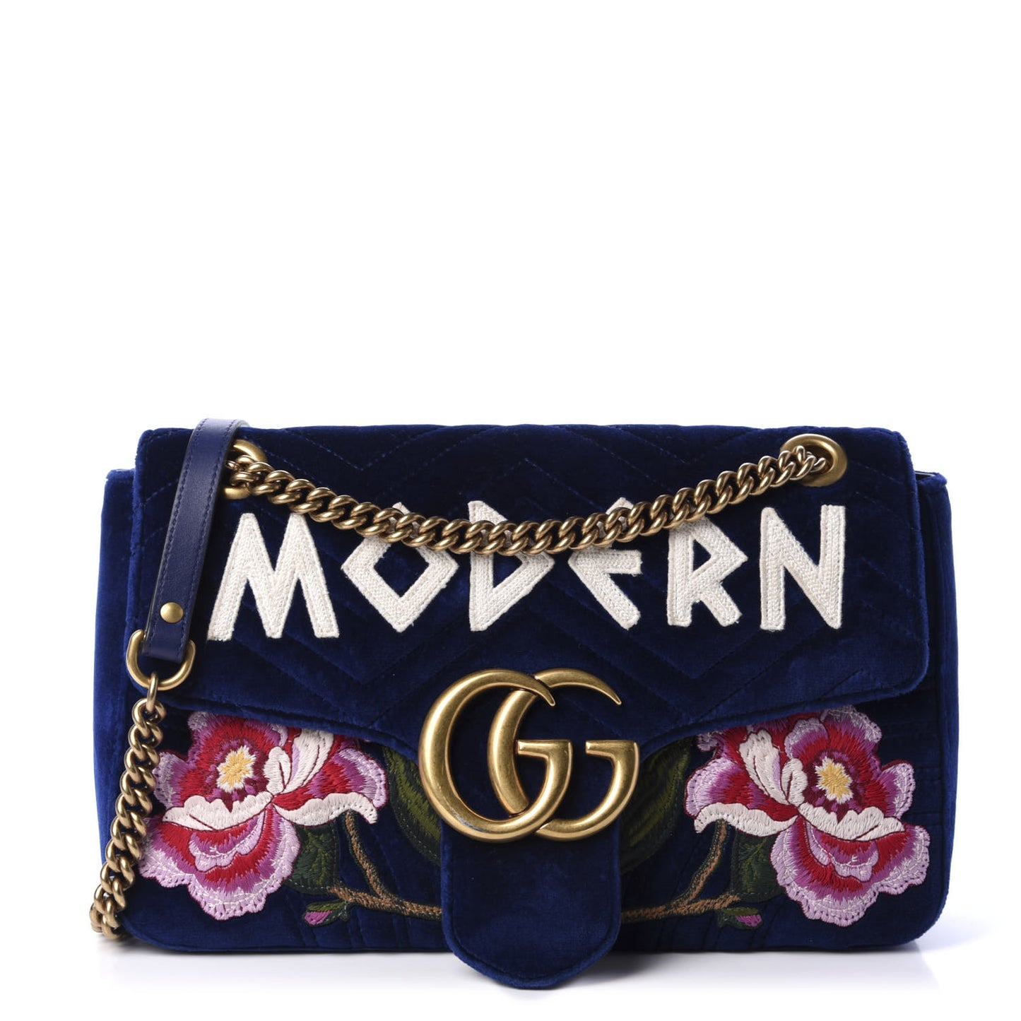 Velvet Matelasse Modern Embroidered Medium GG Marmont Shoulder Bag Cobalt