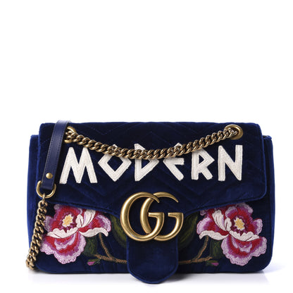 Gucci Velvet Matelasse Modern Embroidered Medium GG Marmont Shoulder Bag Cobalt 1 of 12