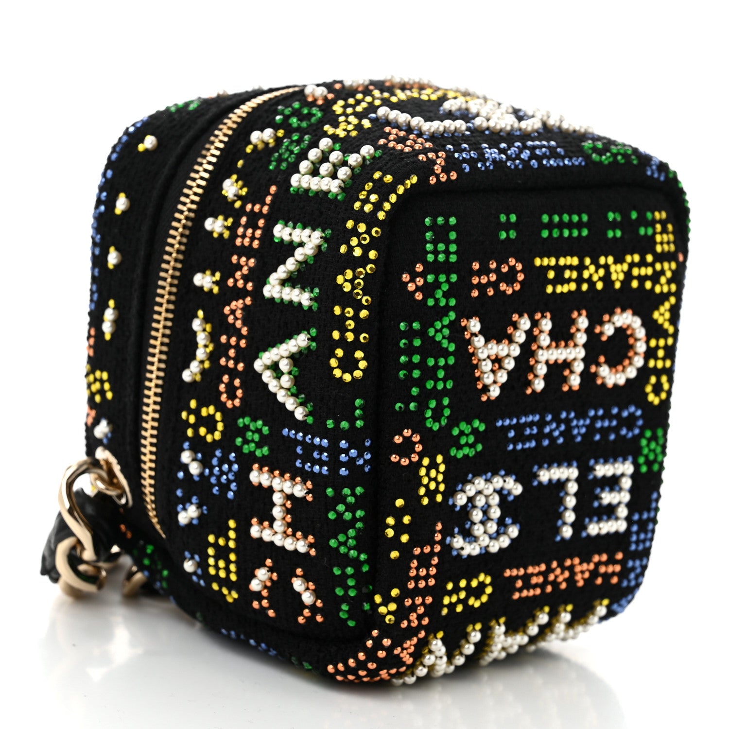 Chanel Tweed Pearl Studded Vanity Wrist Case With Chain Black Multicolor 4 of 11