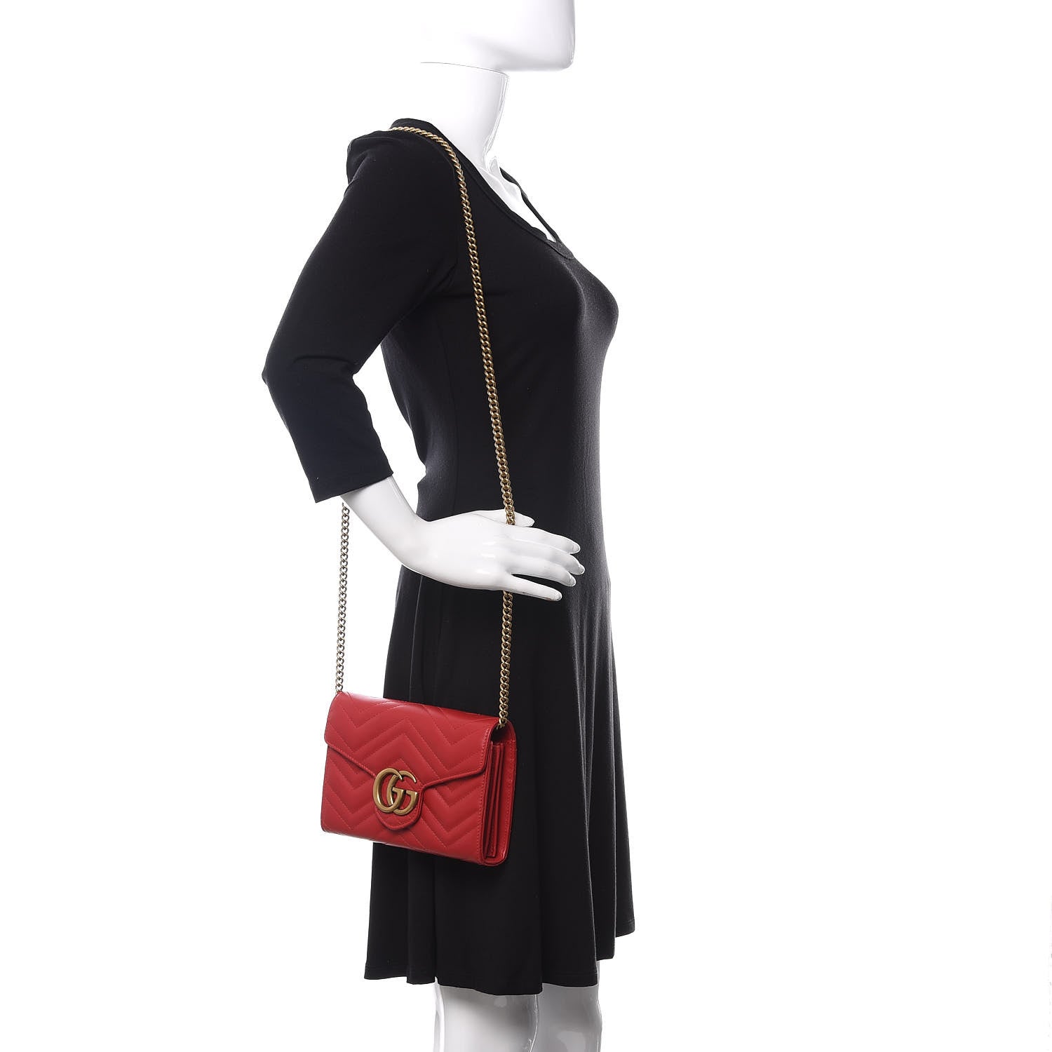 Gucci Calfskin Matelasse GG Marmont Chain Wallet Hibiscus Red 2 of 10
