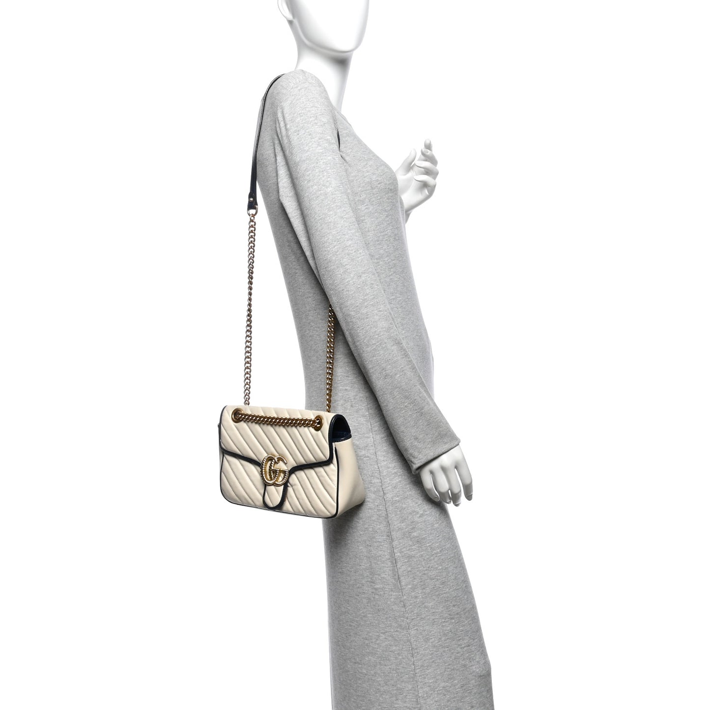 Vintage Effect Calfskin Matelasse Diagonal Small Torchon GG Marmont Shoulder Bag Mystic White Blue Agata