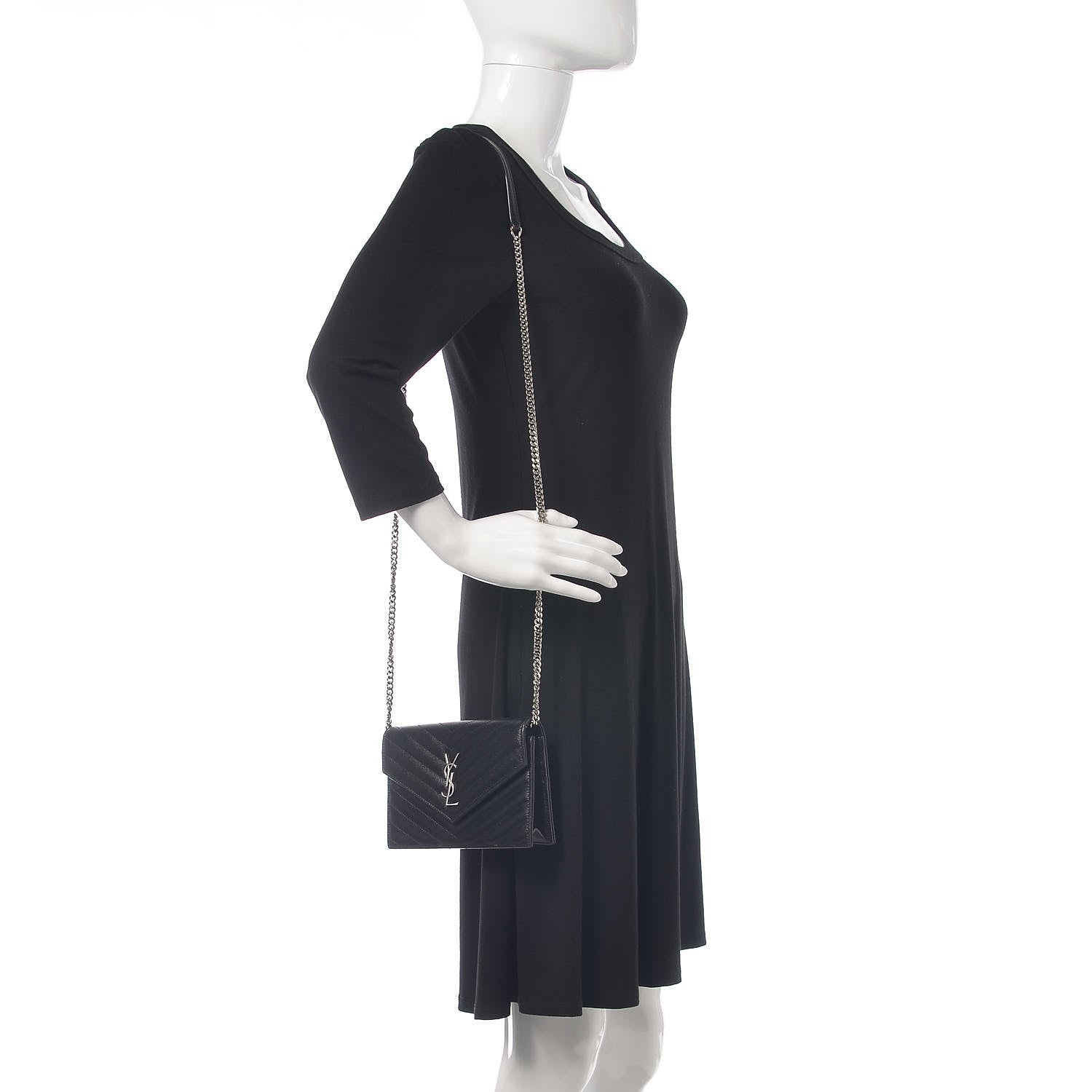 Saint Laurent Grain De Poudre Matelasse Chevron Monogram Envelope Chain Wallet Black 2 of 11