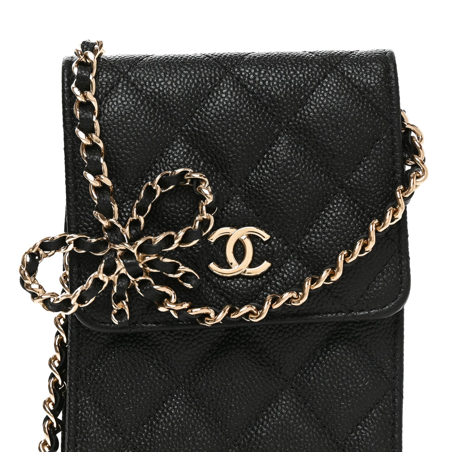 Caviar Quilted Bow Phone Holder Black