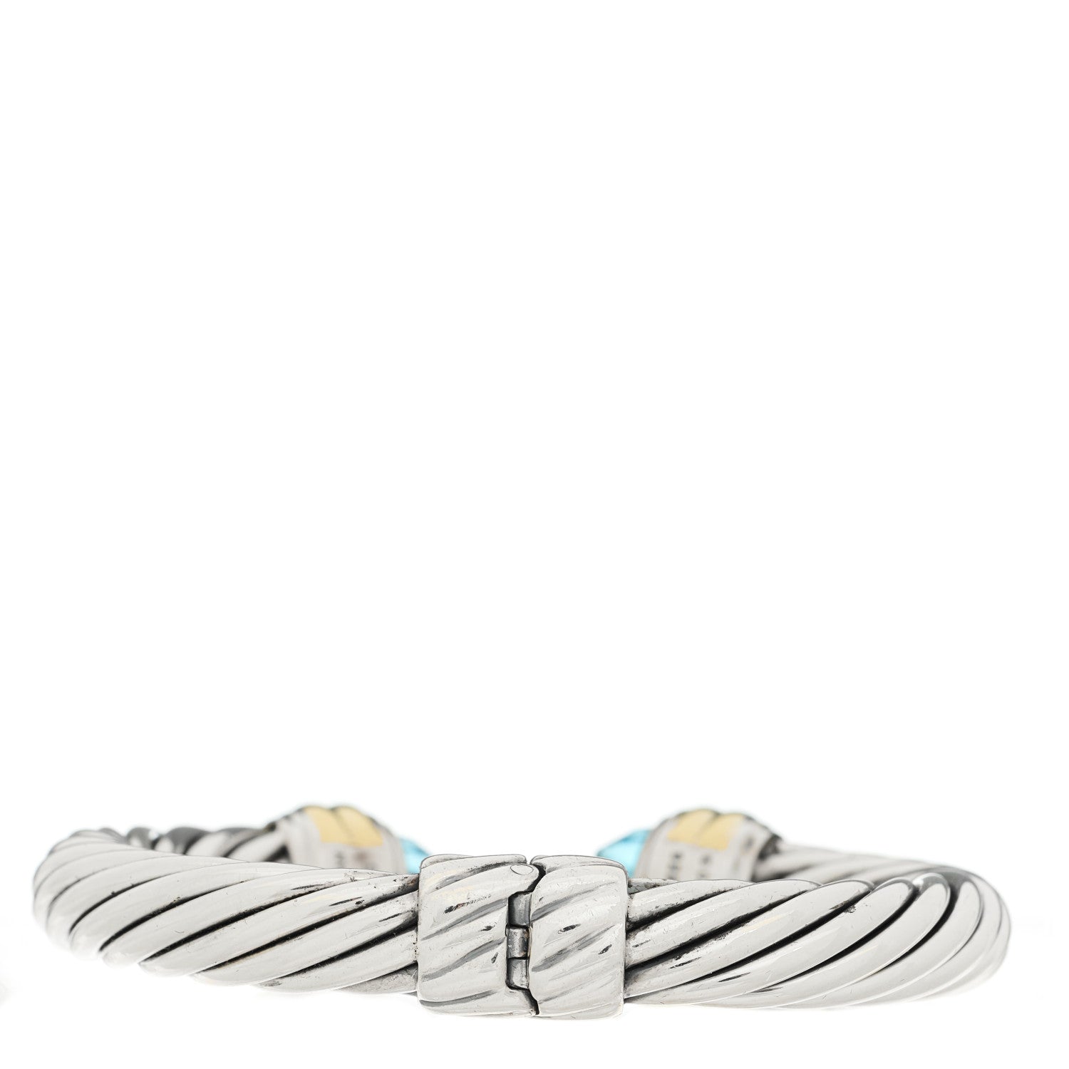 David Yurman Sterling Silver 14K Yellow Gold Blue Topaz 10mm Cable Classics Hinged Bracelet 2 of 3