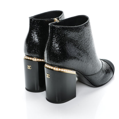 Chanel Crinkled Calfskin Grosgrain Pearl CC Cap Toe Ankle Booties 38.5 Black 4 of 7