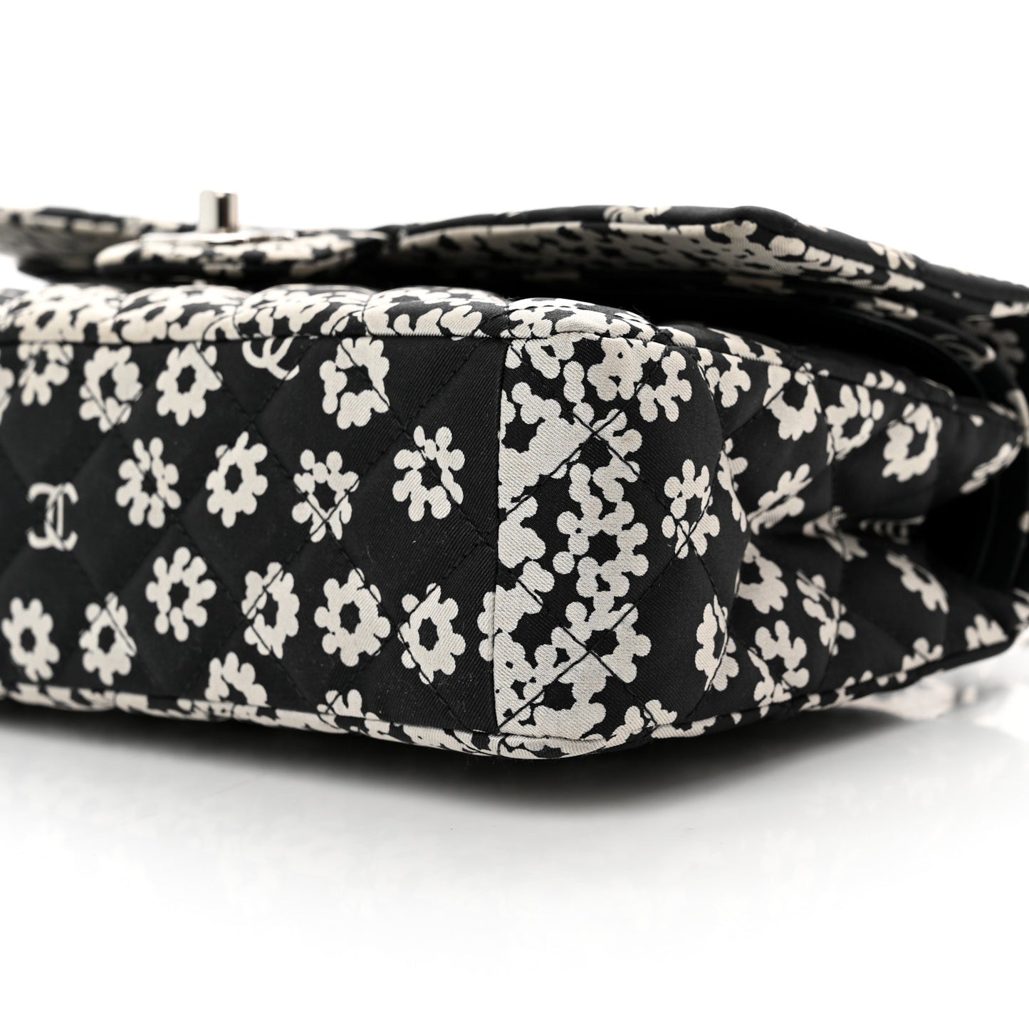 Canvas Floral Printed Quilted Medium Double Flap Black White