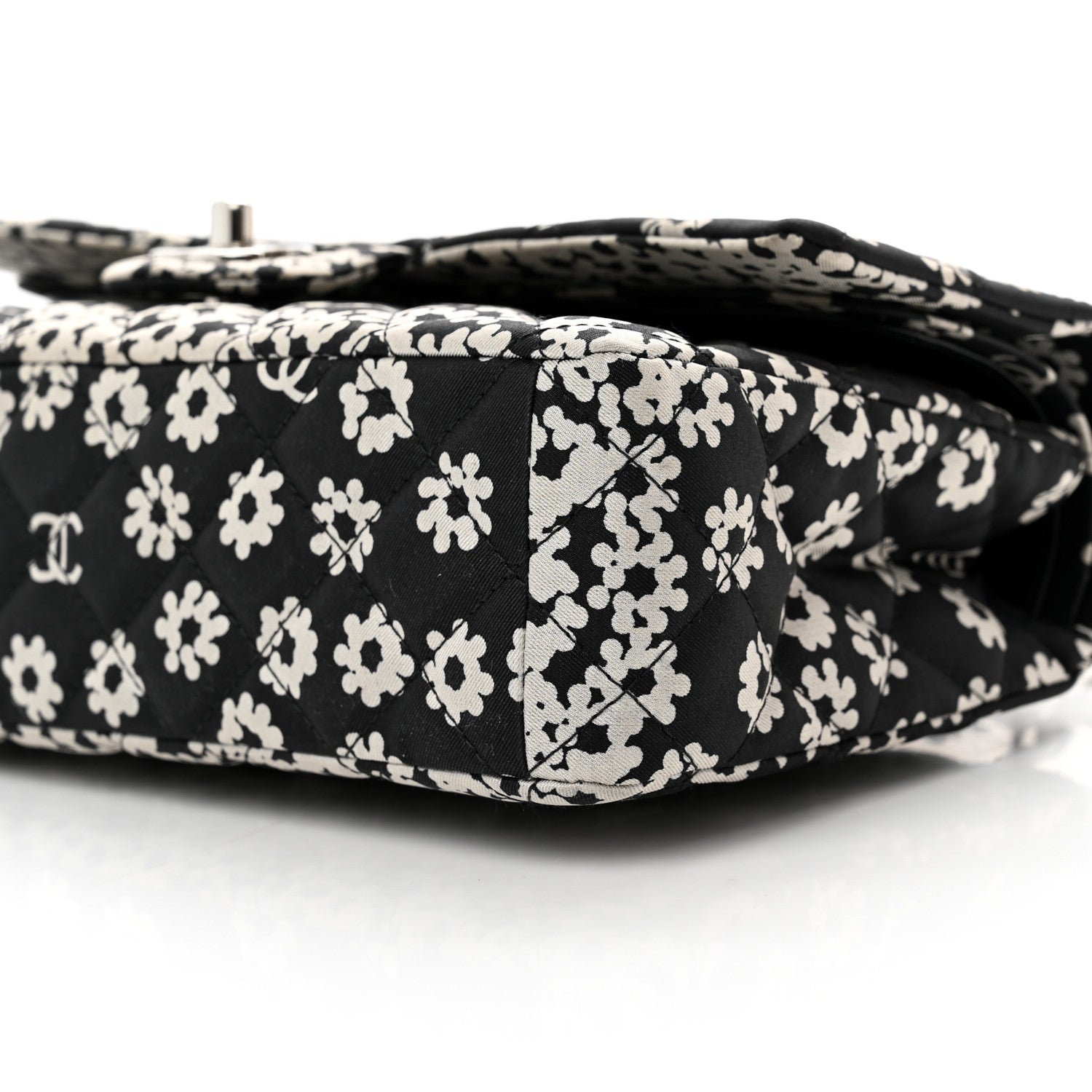 Chanel Canvas Floral Printed Quilted Medium Double Flap Black White 8 of 8