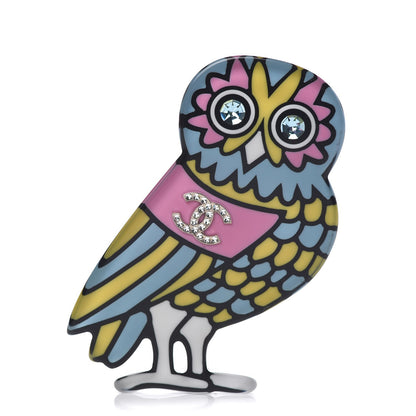 Chanel Resin Crystal Owl CC Brooch Blue Yellow Golden 1 of 6