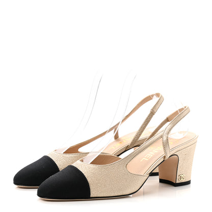 Chanel Metallic Lambskin Grosgrain Cap Toe CC Slingback Pumps 36.5 Gold Black 3 of 11