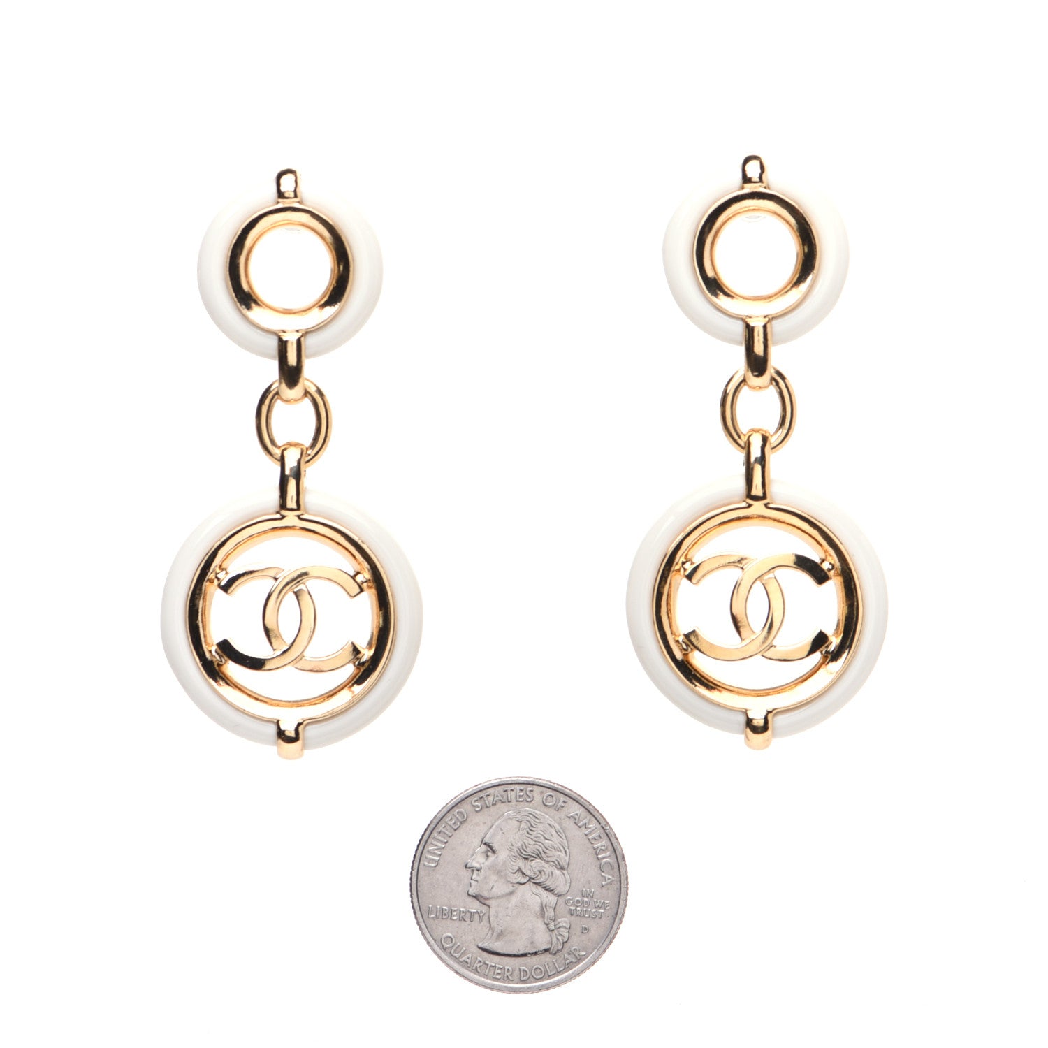 Chanel Metal Resin CC Round Drop Earrings Gold White 2 of 9