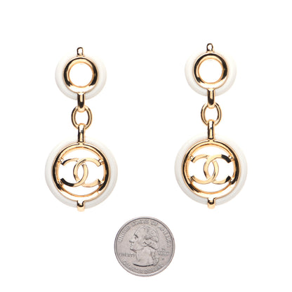 Chanel Metal Resin CC Round Drop Earrings Gold White 2 of 9