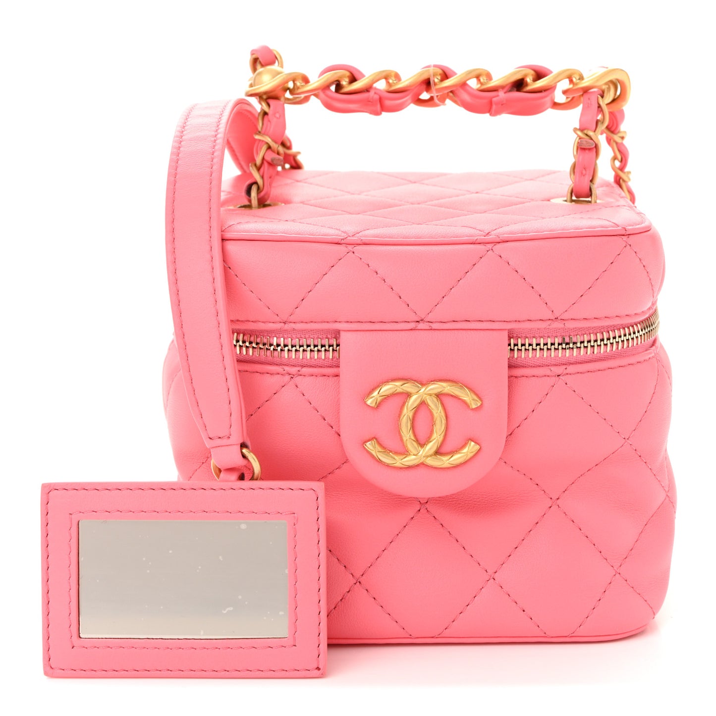 Calfskin Quilted Small Vanity Case With Chain Coral Pink