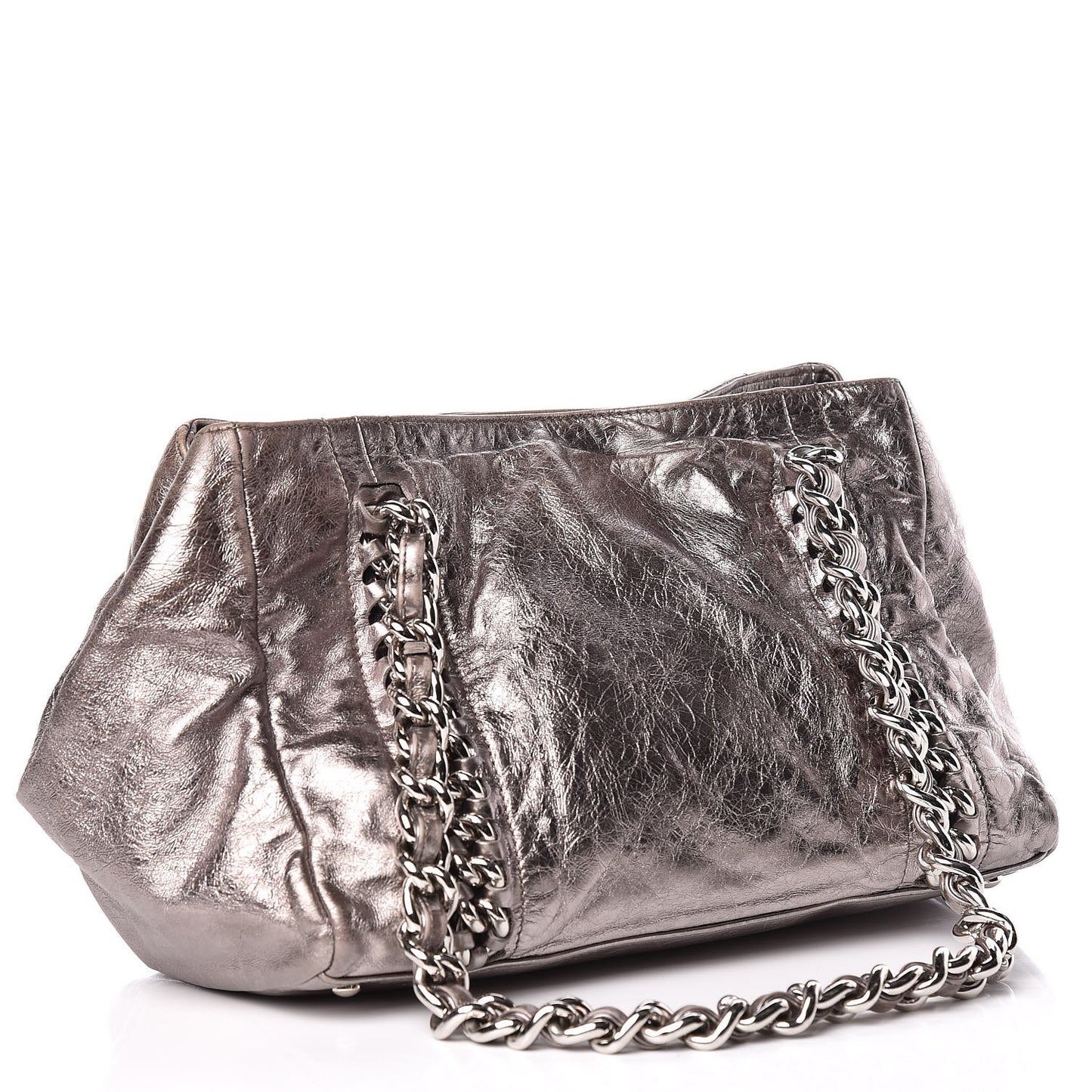 Metallic Cracked Calfskin Modern Chain Tote Dark Silver