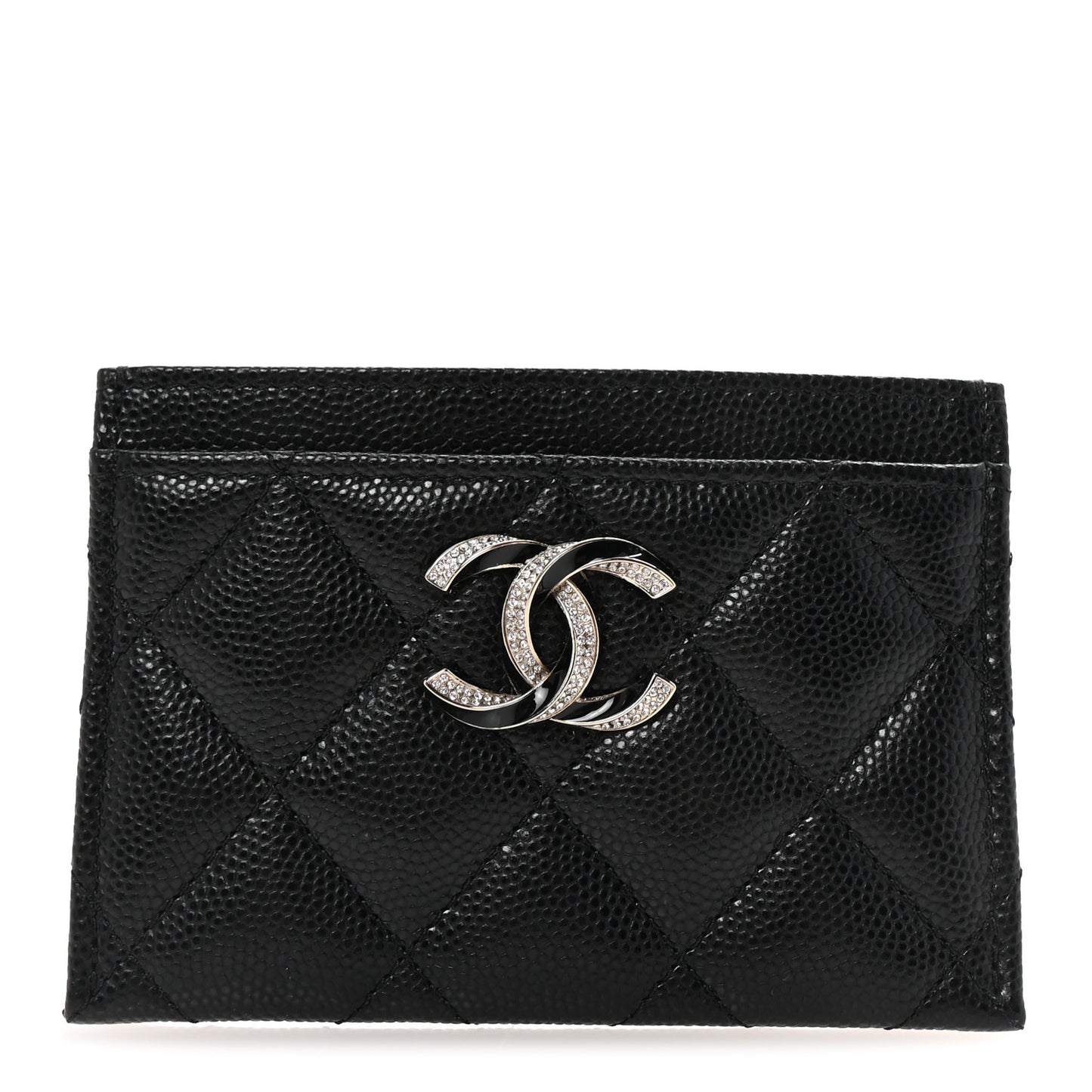 Caviar Quilted Crystal Enamel CC Card Holder Black