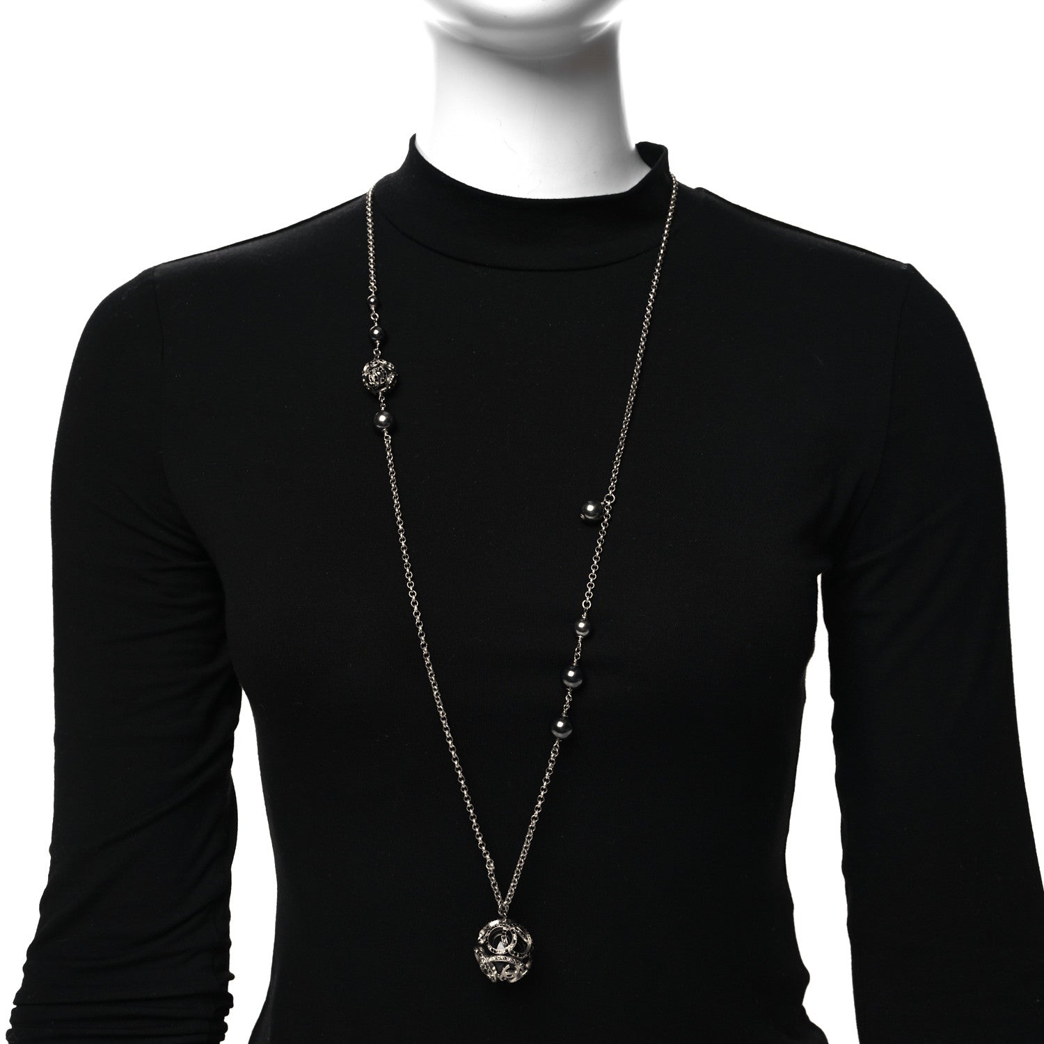 Chanel Pearl Crystal CC Long Necklace Silver Black 2 of 4