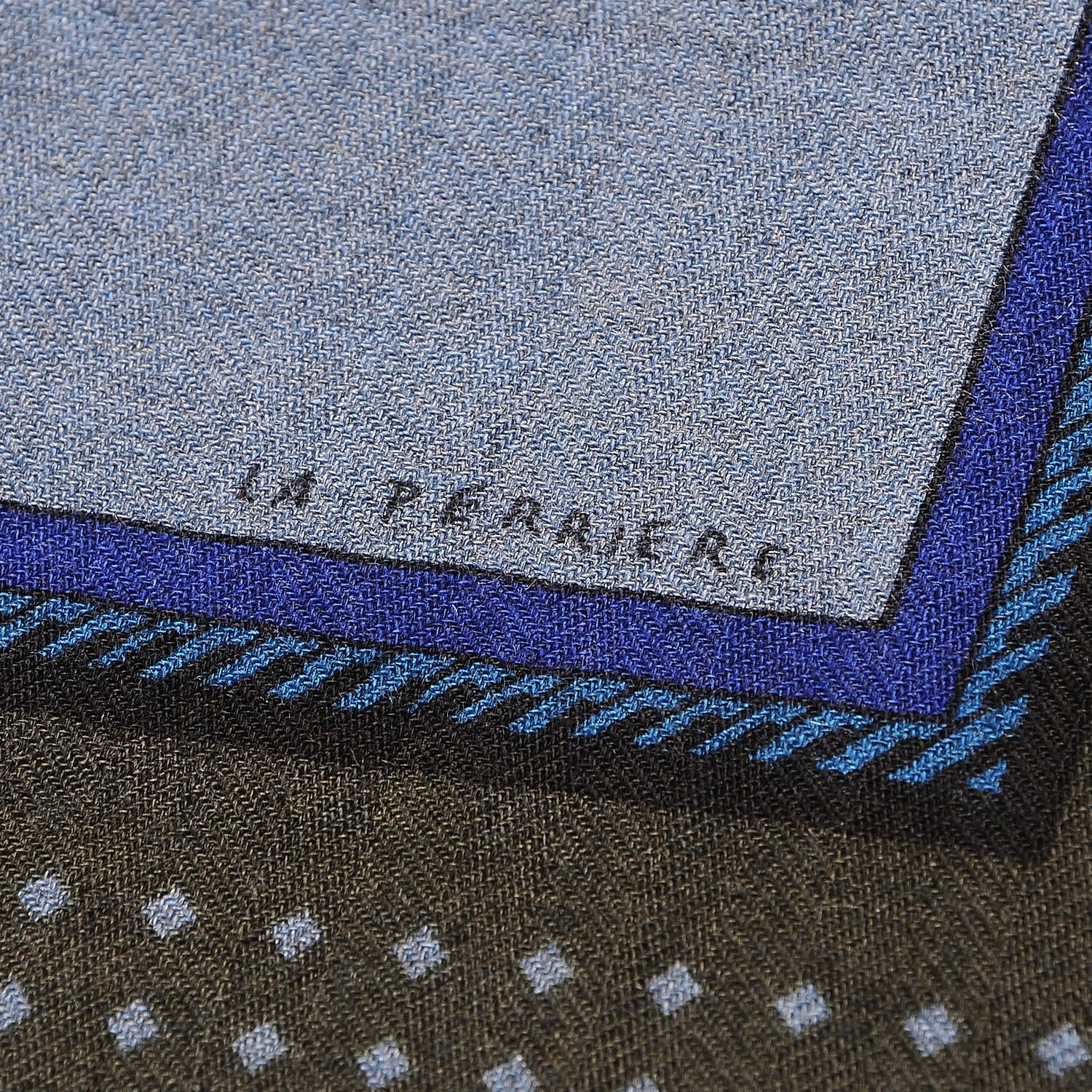 Hermes Cashmere Silk Les Voitures A Transformation Shawl 140 Bleu De Chine Kaki Marine 3 of 7