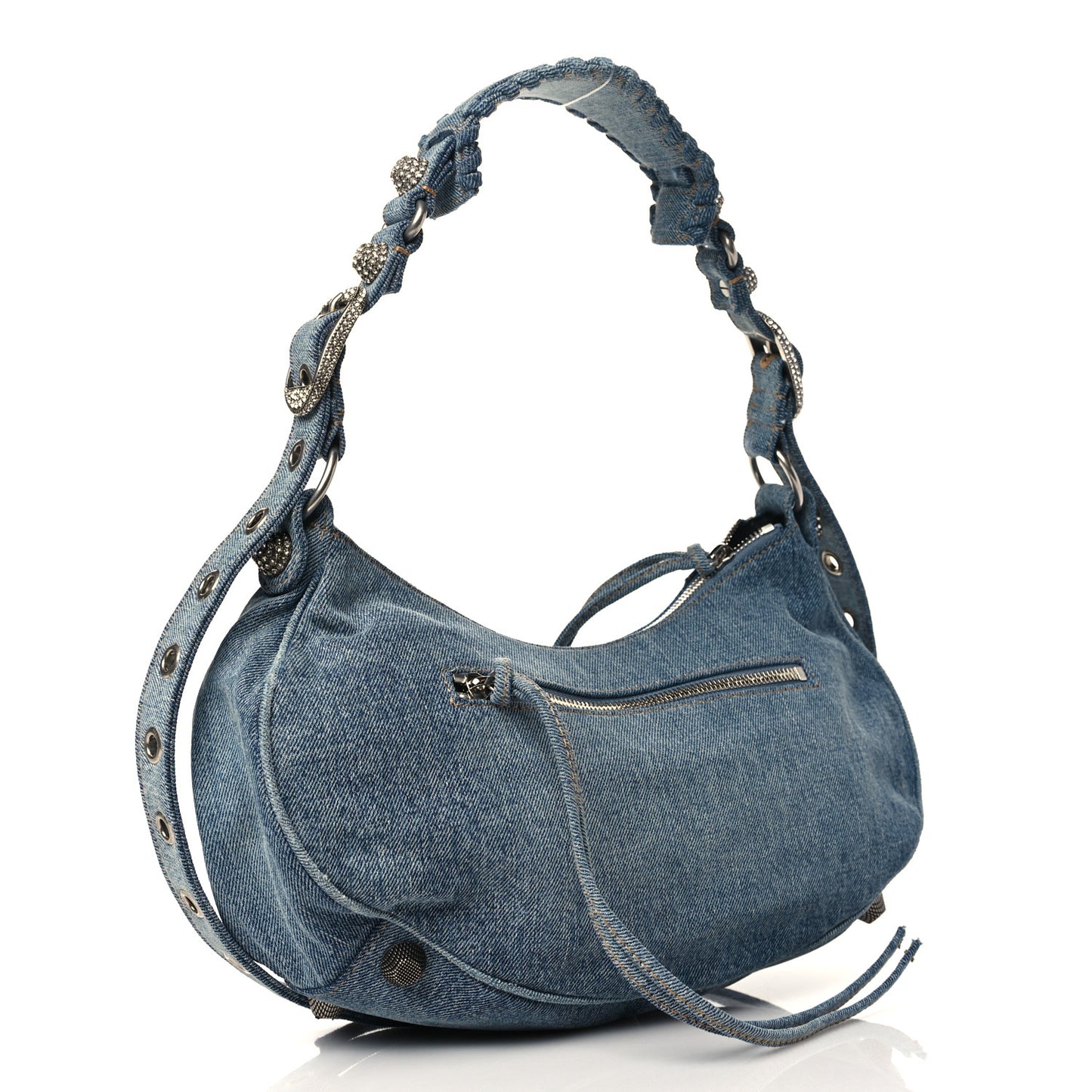 Washed Frayed Denim Crystal Small Le Cagole Shoulder Bag Blue