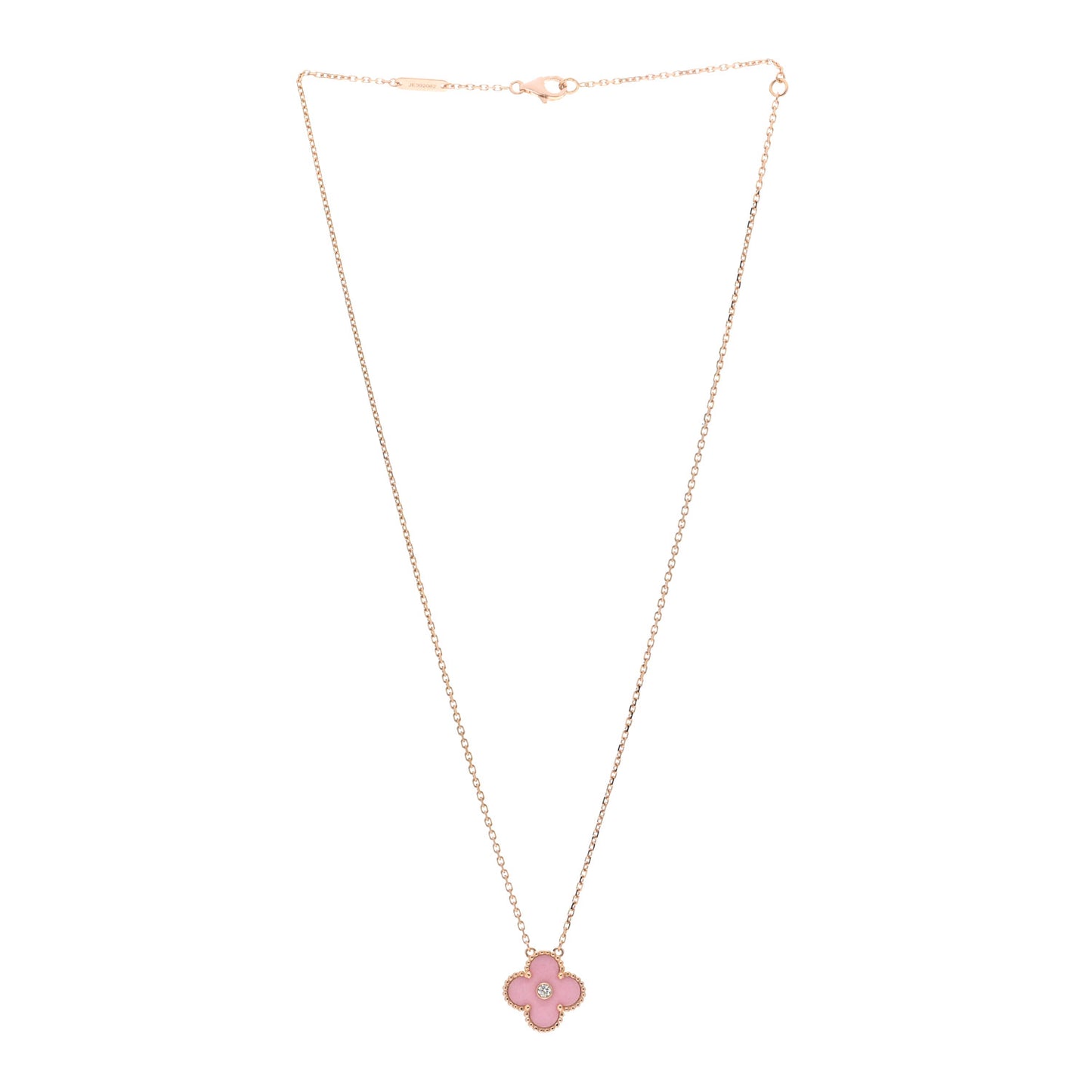 18K Rose Gold Diamond Pink Porcelain Vintage Alhambra Pendant Necklace