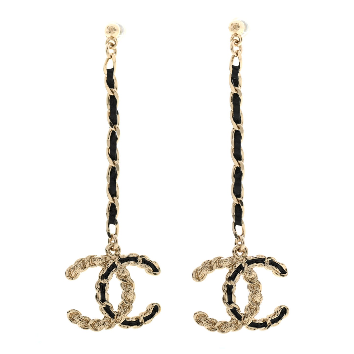 Lambskin Enamel Metal Chain French New Wave CC Drop Earrings Black Gold