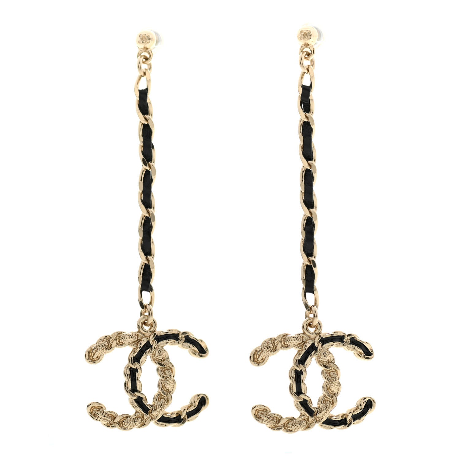 Chanel Lambskin Enamel Metal Chain French New Wave CC Drop Earrings Black Gold 1 of 4