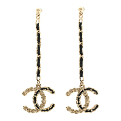 Chanel Lambskin Enamel Metal Chain French New Wave CC Drop Earrings Black Gold 1 of 4