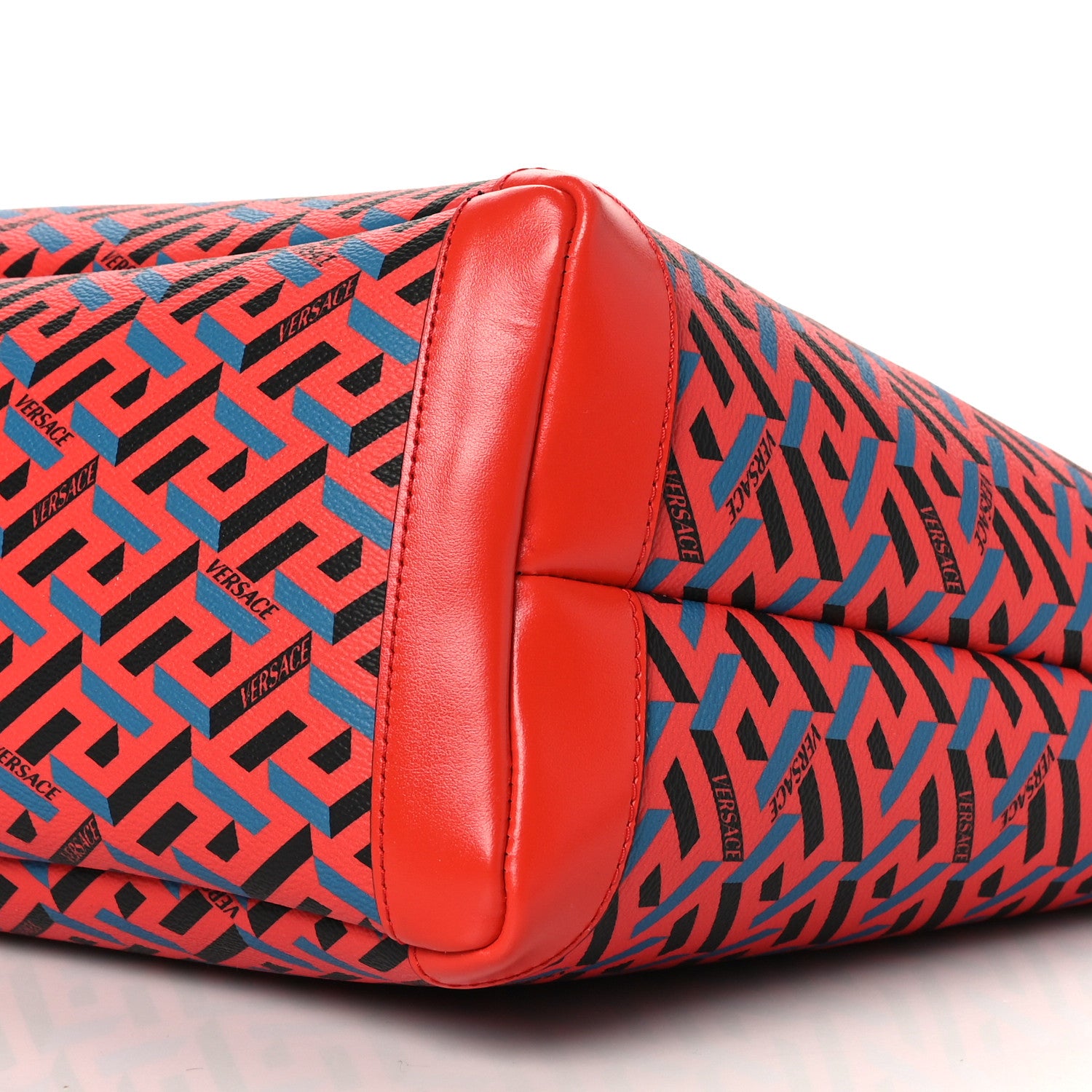 Versace Coated Canvas Calfskin La Greca Signature Shopper Tote Bag Blue Red 9 of 9