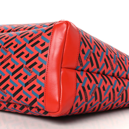 Versace Coated Canvas Calfskin La Greca Signature Shopper Tote Bag Blue Red 9 of 9