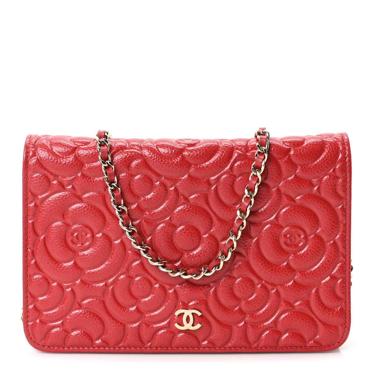 Caviar Camellia Embossed Wallet On Chain WOC Red