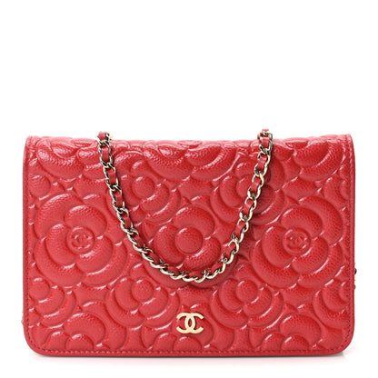 Chanel Caviar Camellia Embossed Wallet On Chain WOC Red 1 of 11