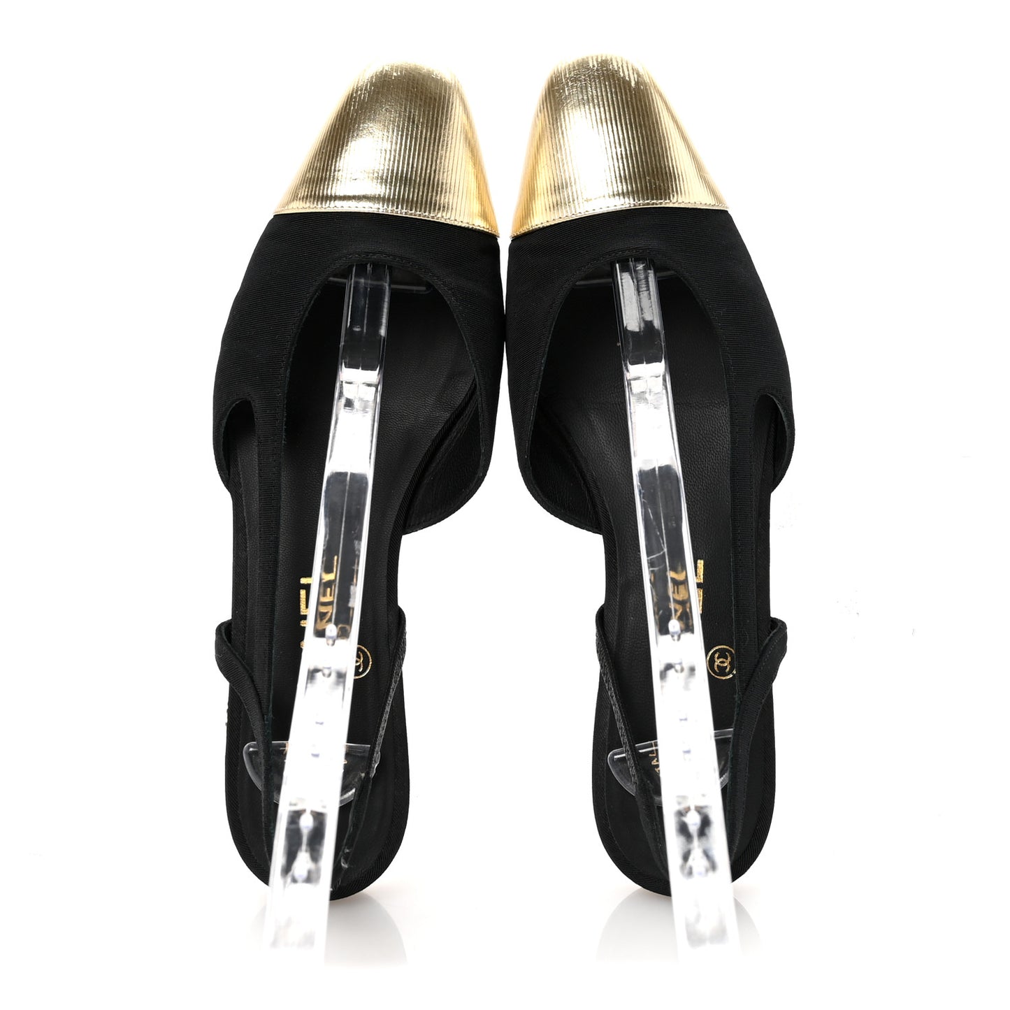 Laminated Lambskin Grosgrain Cap Toe CC Slingback Flats 37.5 Black Gold