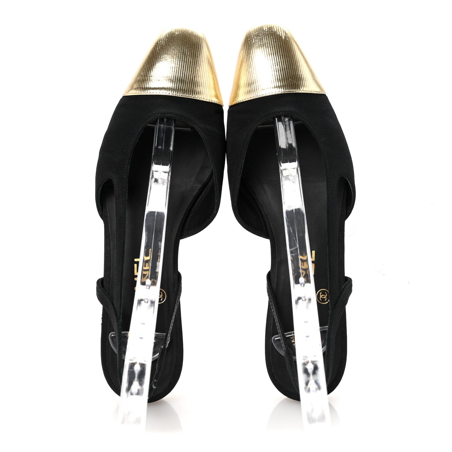 Chanel Laminated Lambskin Grosgrain Cap Toe CC Slingback Flats 37.5 Black Gold 2 of 9