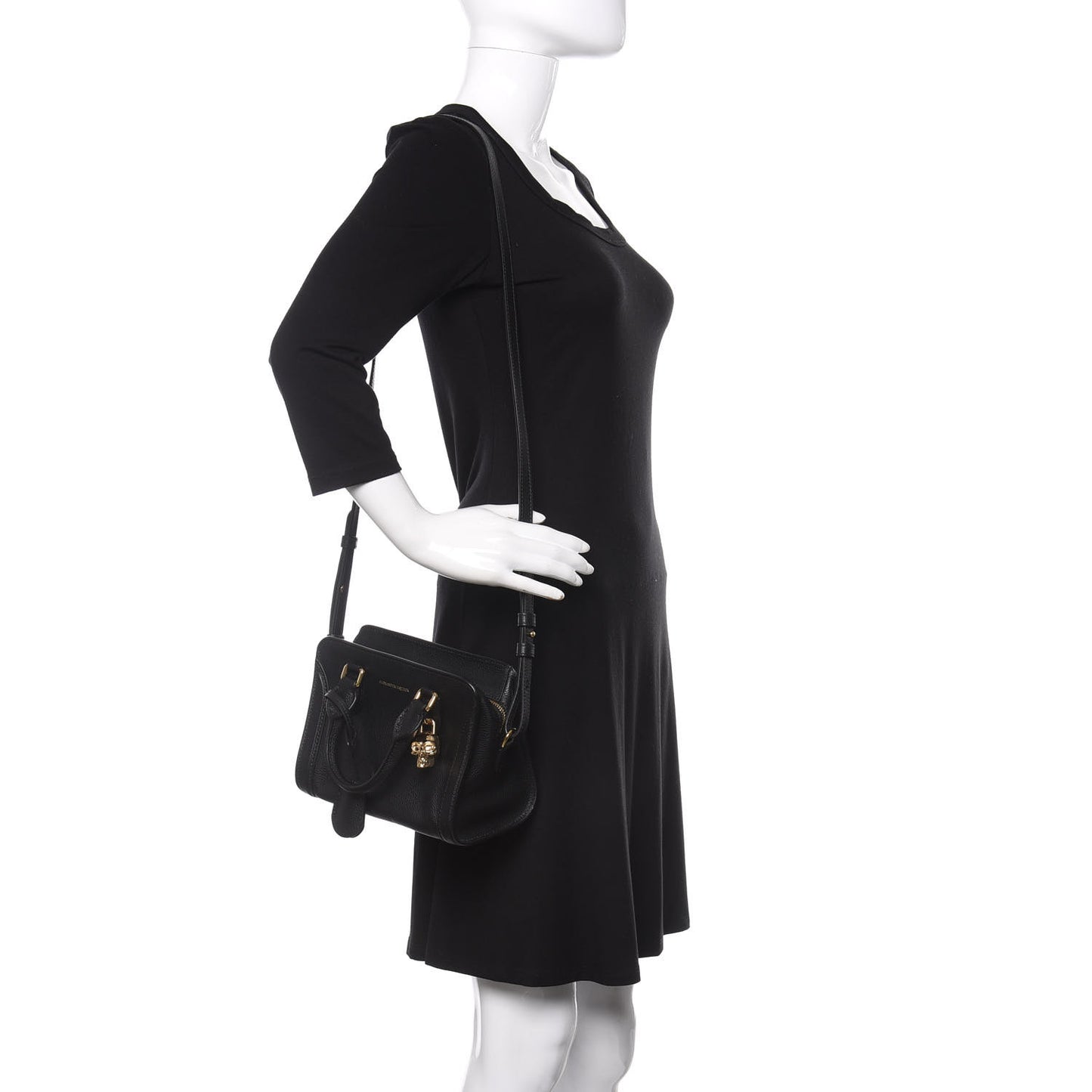 Pebbled Calfskin Mini Skull Padlock Zip Around Tote Black