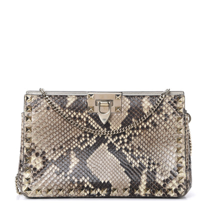 Valentino Garavani Calfskin Python Embossed Rockstud Chain Clutch Roccia 1 of 10