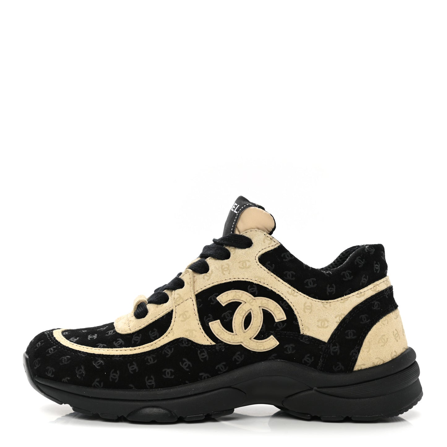 Suede Calfskin Printed Womens CC Printed Sneakers 36 Black Beige