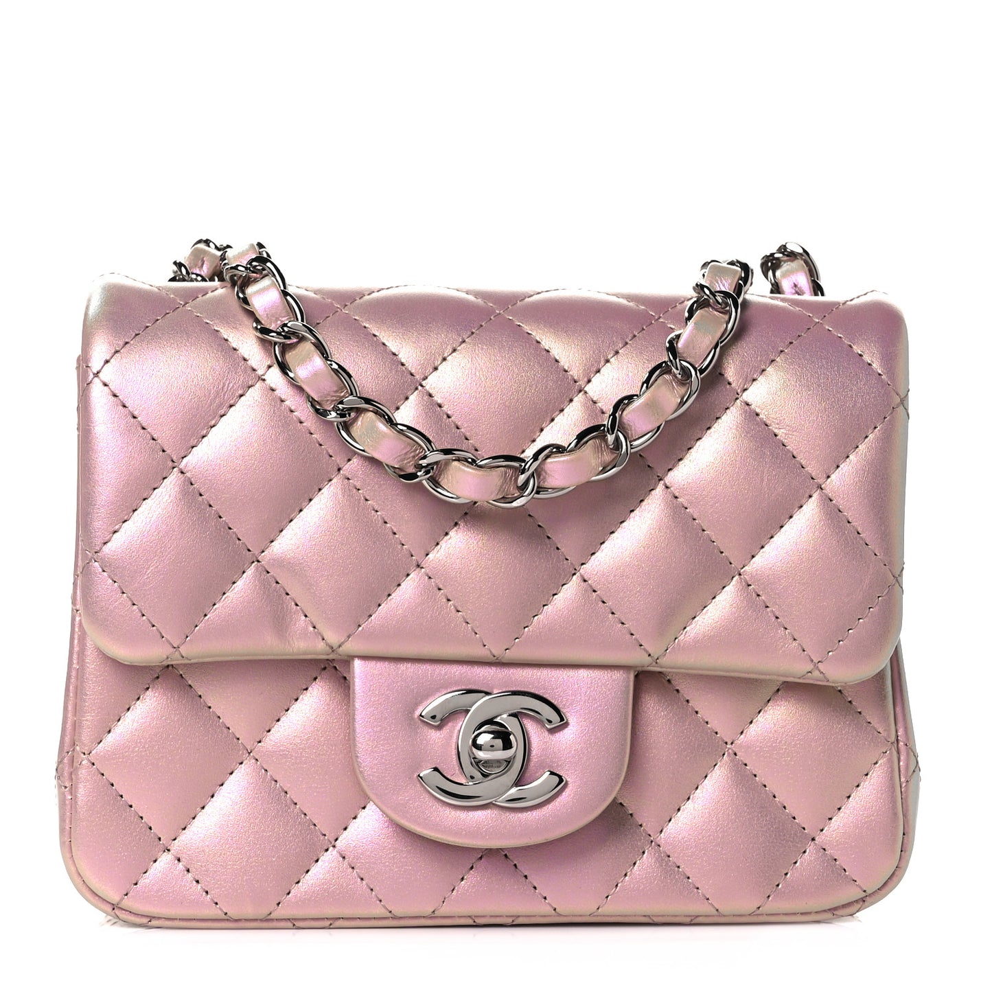 Iridescent Calfskin Quilted Mini Square Flap Pink