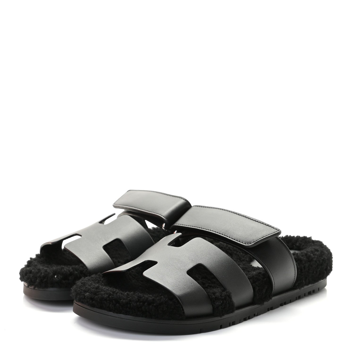 Hermes Calfskin Woolskin Womens Chypre Sandals 37 Black 3 of 9