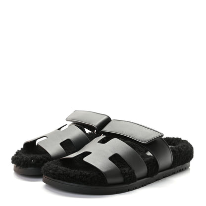 Hermes Calfskin Woolskin Womens Chypre Sandals 37 Black 3 of 9
