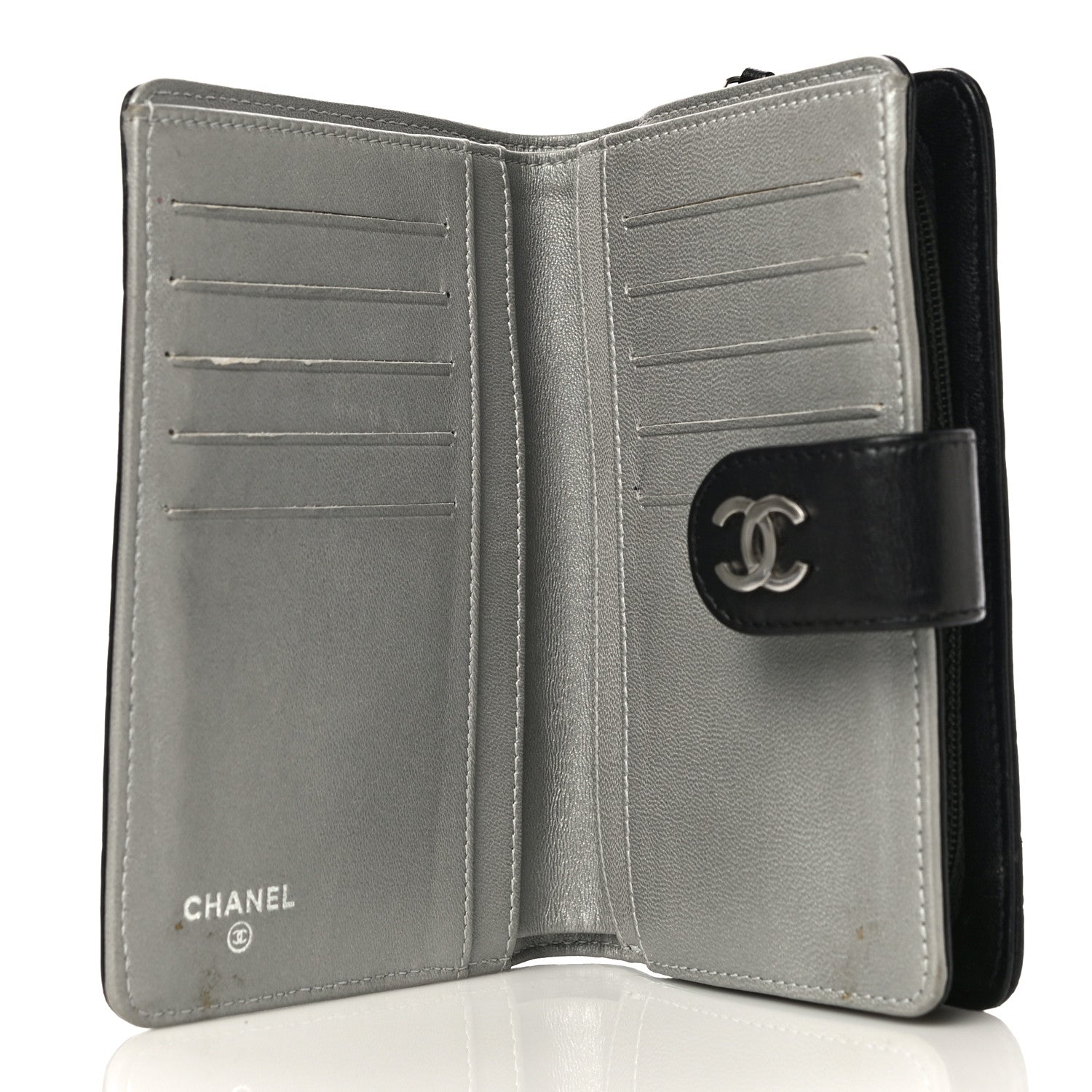 Chanel Lambskin Camellia Embossed Zipped Pocket Wallet Black 5 of 20