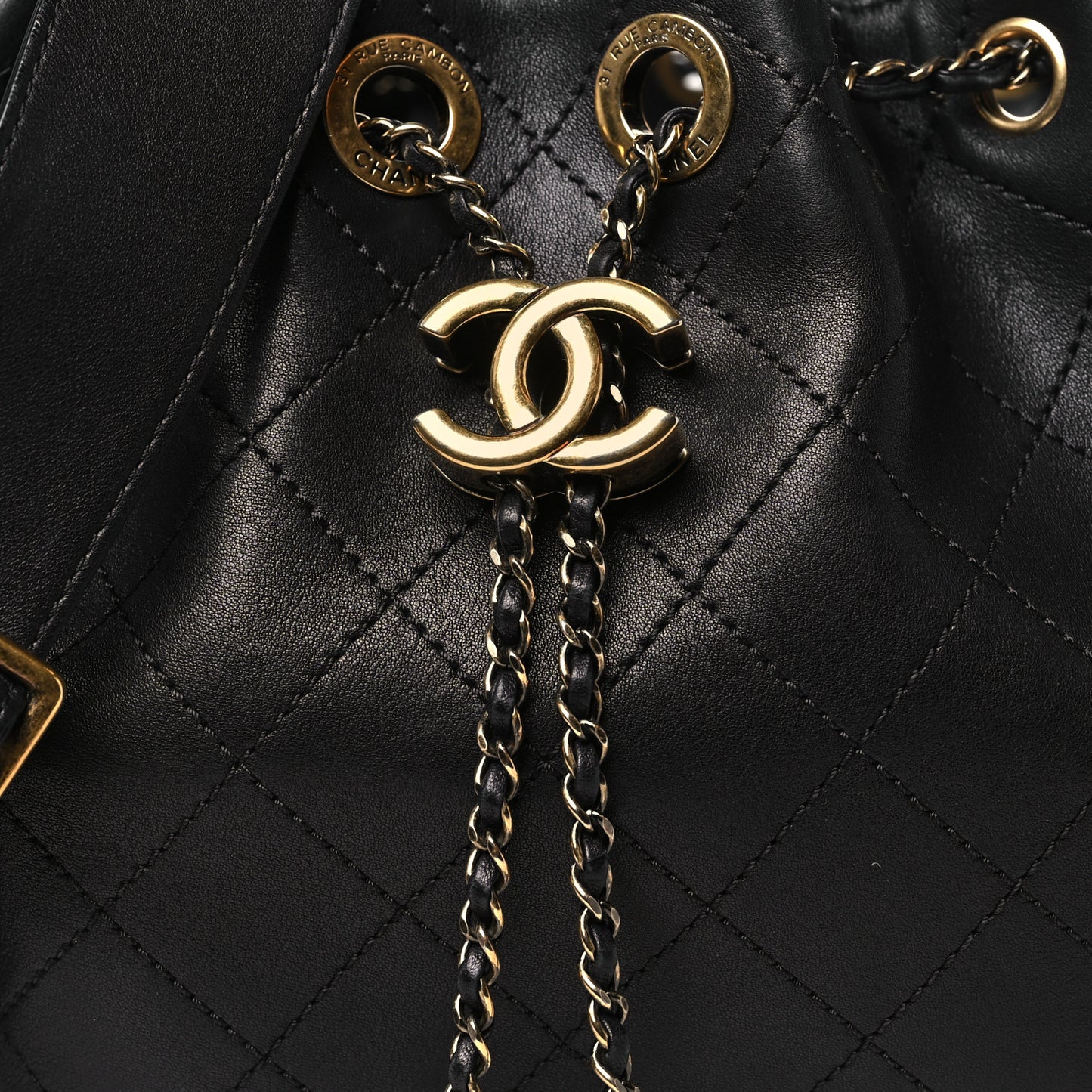 Calfskin Stitched Small Paris Rome Drawstring CC Bag Black