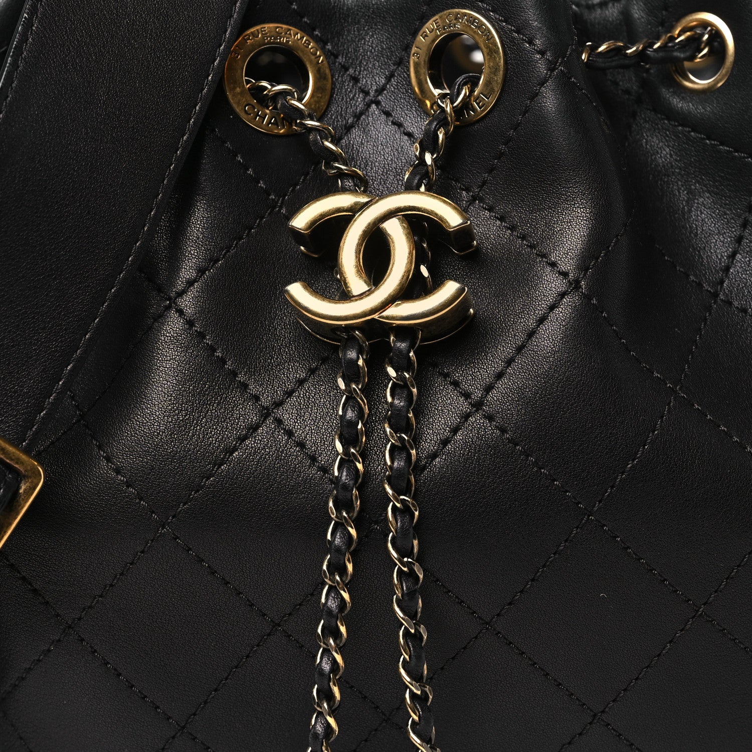 Chanel Calfskin Stitched Small Paris Rome Drawstring CC Bag Black 8 of 10