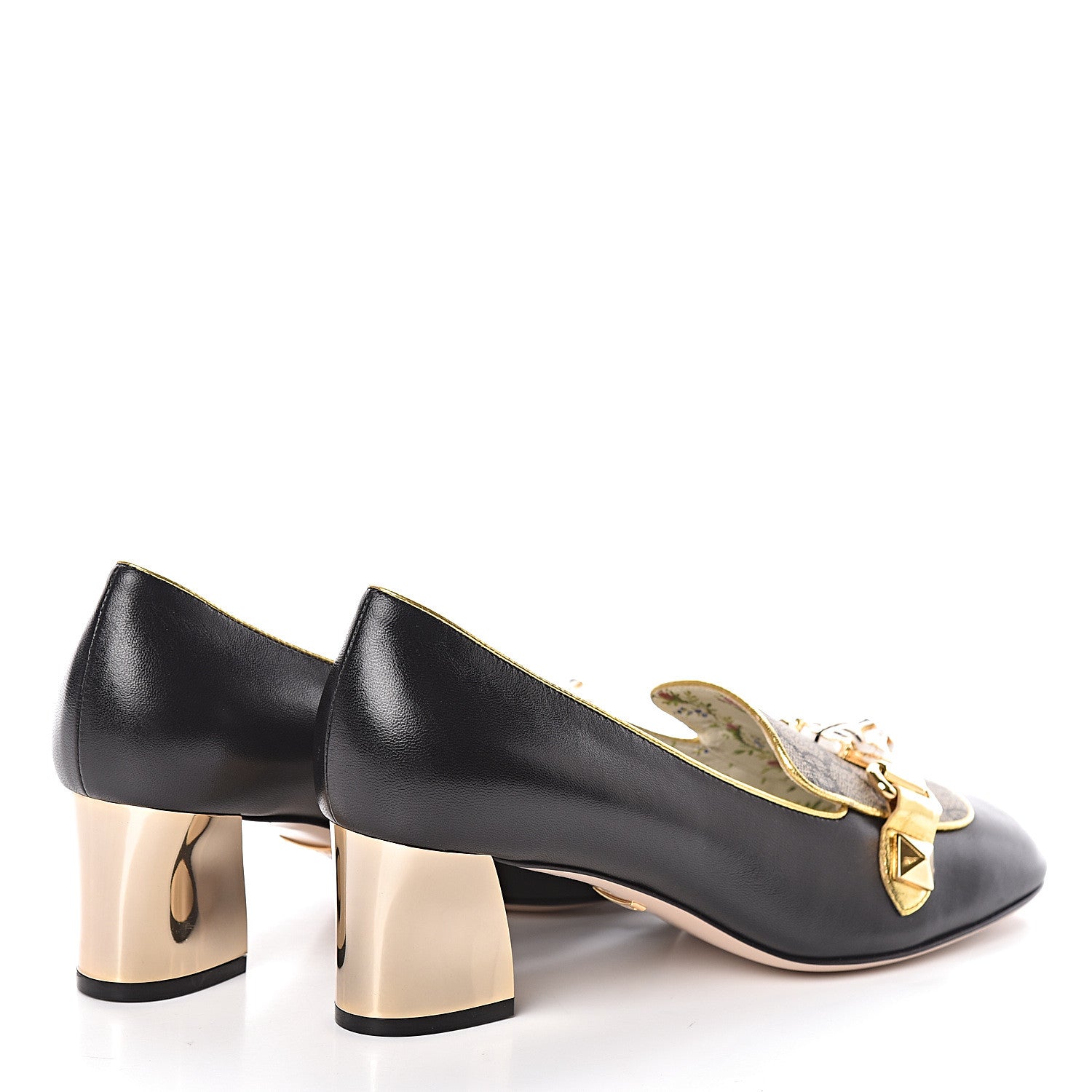 Gucci Malaga Kid Nappa GG Supreme Monogram Tiger Head Mid Heel Loafer Pumps 38.5 Black Oro Vecchio Beige 4 of 8