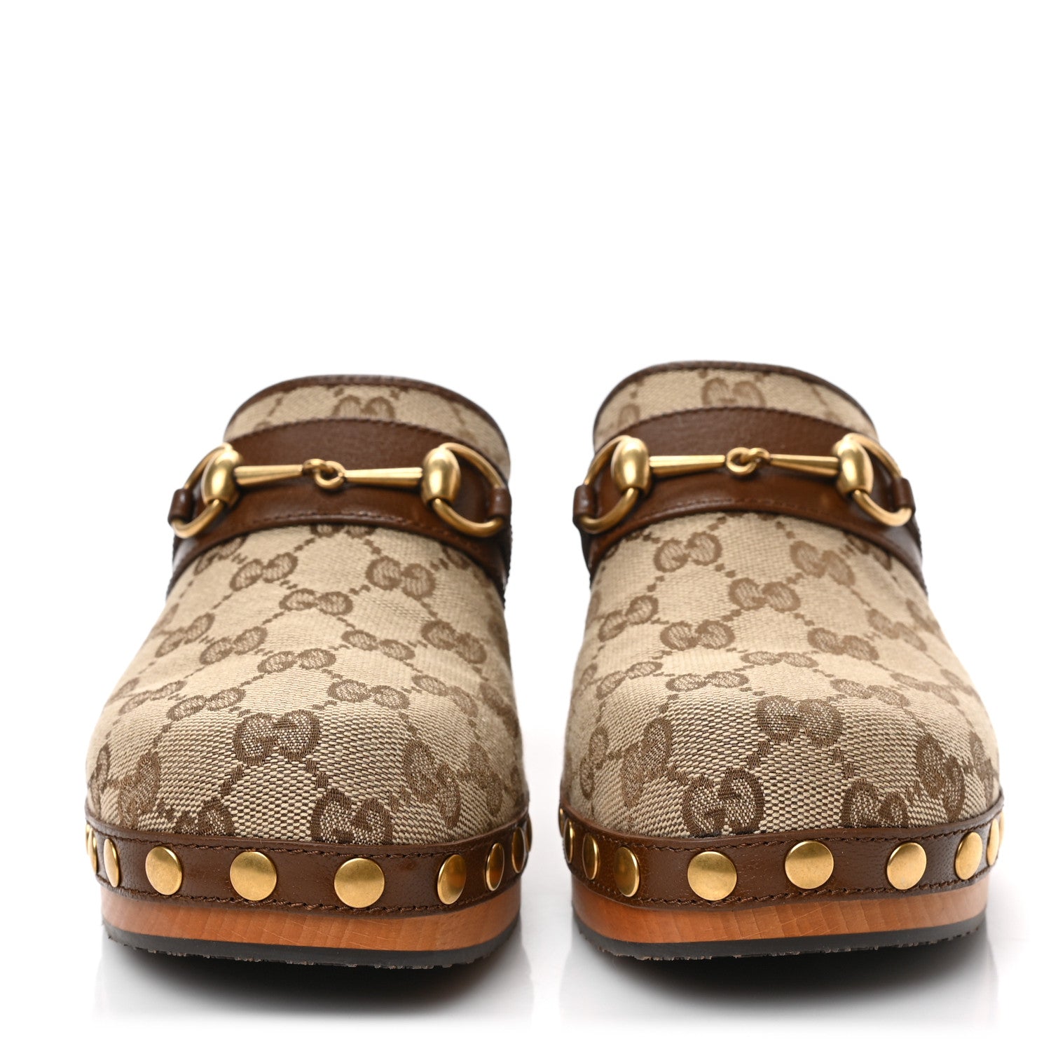 Gucci Monogram Goatskin Horsebit Clog Mules 37.5 Beige Ebony Brown Sugar 2 of 8