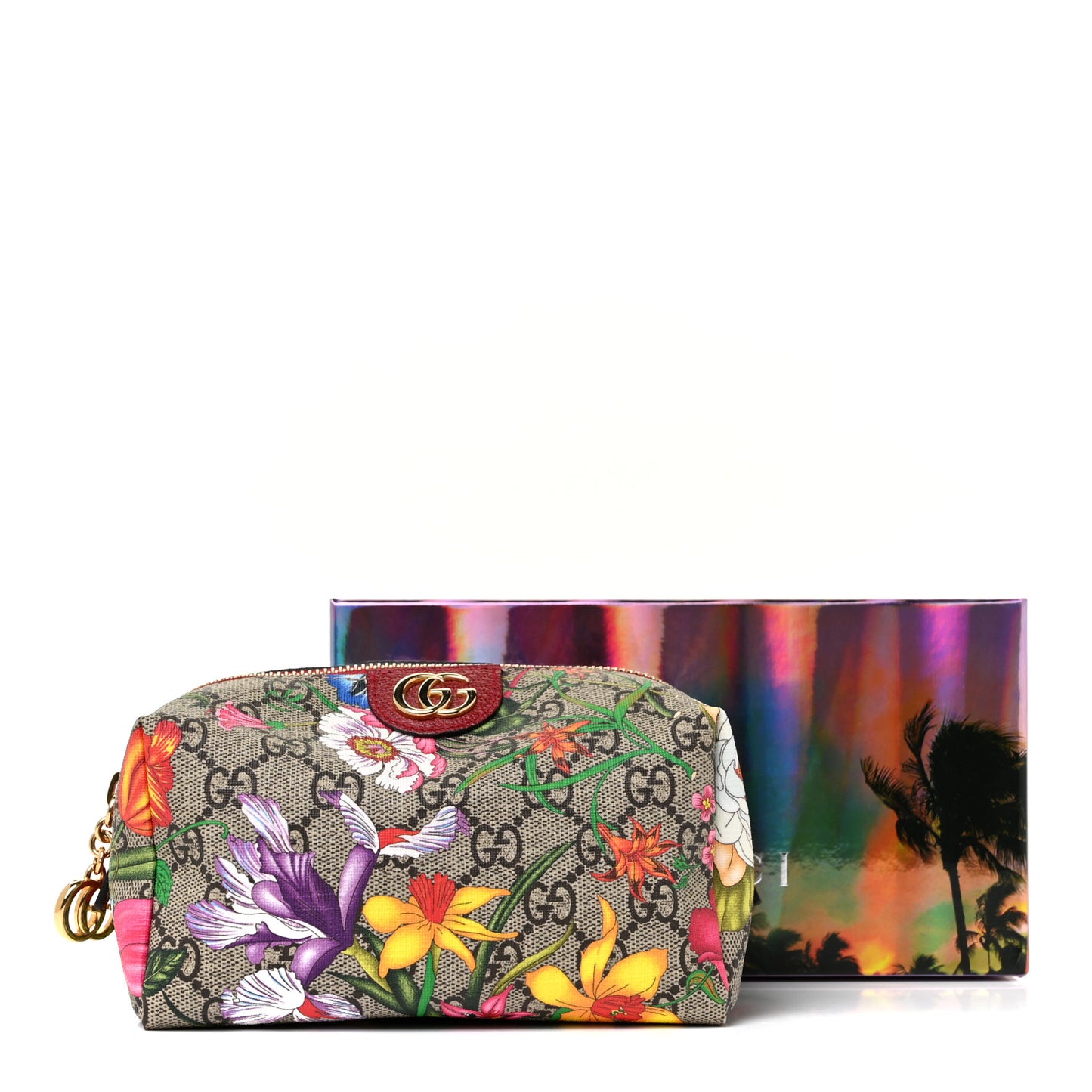 Soft GG Supreme Monogram Flora Calfskin Medium Ophidia Cosmetic Case Beige Ebony Multicolor Rosso