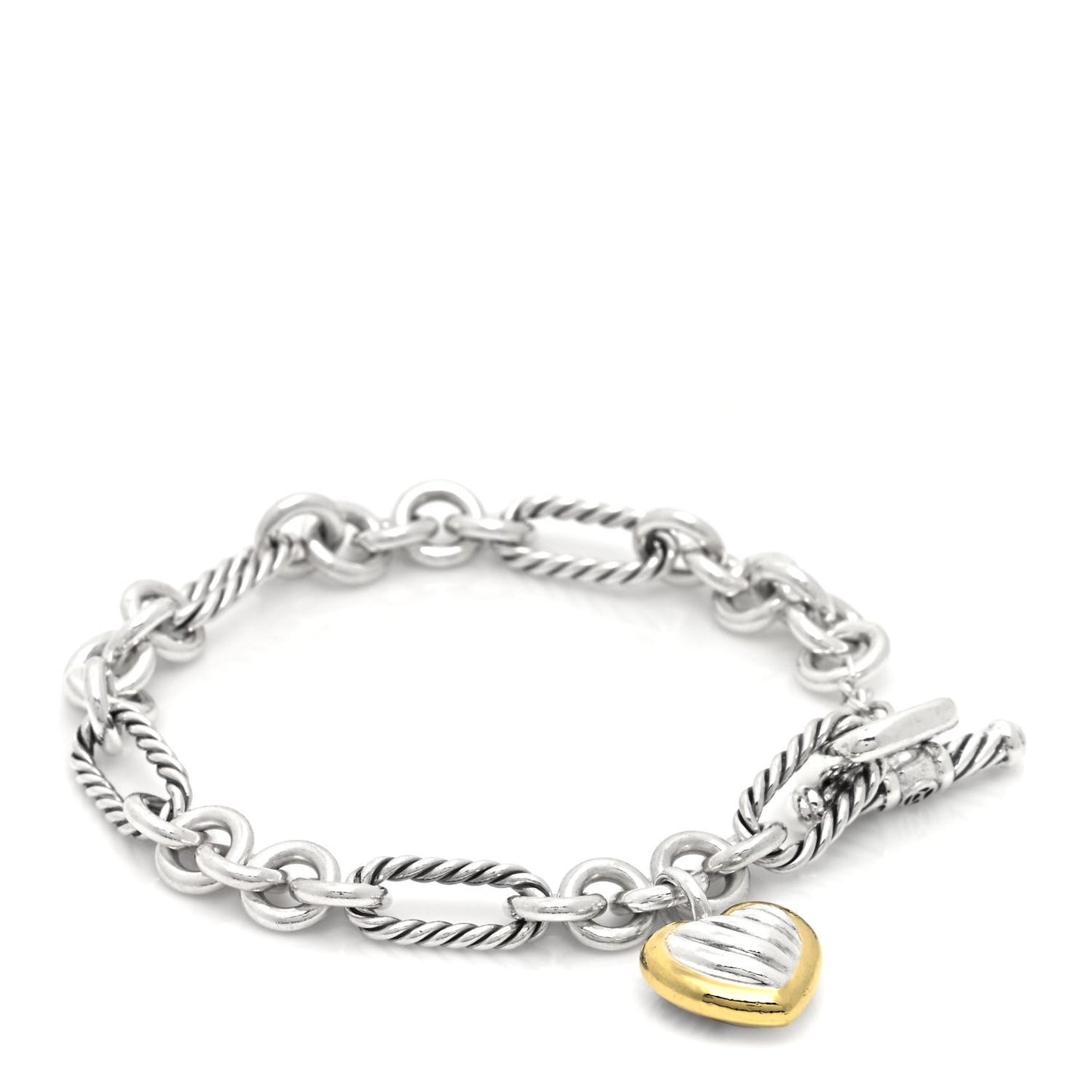 Sterling Silver 18K Yellow Gold Cable Heart Charm Bracelet